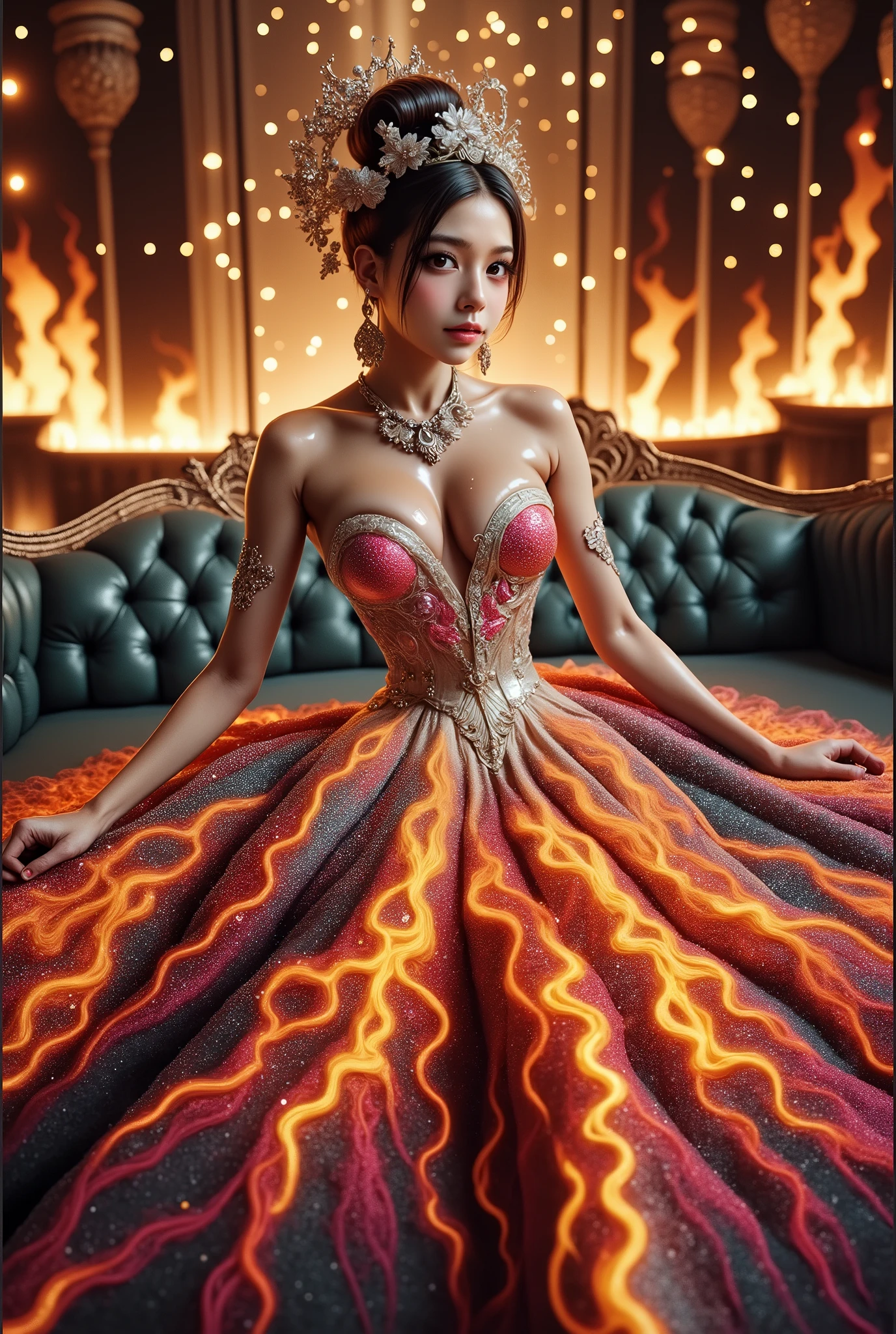 A beautiful Asian idol girl with white skin, douyin-style makeup face, eyelashes, With fake giant breasts, blue eyes, shiny body, wet body, wearing a tight strapless dress that presses the breasts, with a sexy and slim body, a small waist, flame dress, Shiny clothing, metalic stell clothing, sitting in space, UHD, luxurious dress, a dress decorated with pearls, diamonds, jewels, and flowers, a dress emitting light, the most elegant and extraordinary dress, a fantasy dress, a beautiful digital artwork, a beautiful fantasy empress, wearing a strapless dress made of beads and carbon fiber, a photo with very sharp details, the best quality: 1.2),, (8k, high resolution, RAW photo, realistic, photo-realistic: 1.3), (detailed skin texture, detailed fabric texture, detailed element texture, exquisite detailed face: 1.25), professional lighting, photon mapping, beautiful soft light, radiosity, physically based rendering, raytracing, model shooting style, model shooting style, (highly detailed 8k unity CG Wallpaper), the most beautiful artwork in the world. (Body Navel) (chest push up) (nipple).