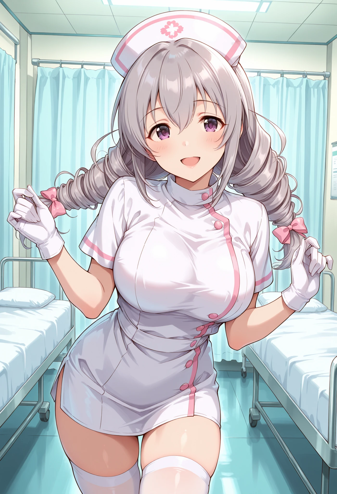 Score_9, score_8_up, score_7_up, source_anime, Sakakibara_Satomi_Cinderella, solo, grey hair, large breasts, low twintails, purple eyes, twin drills, bow, hair bow, ribbon, hair between eyes, large breasts, (best quality), (high quality), {masterpiece}, extremely delicate and beautiful, ultra-detailed, beautiful detailed eyes, nurse, nurse hat, ((white nurse's outfit)), white gloves, white thighhighs, hospital room, smile, open mouth, standing