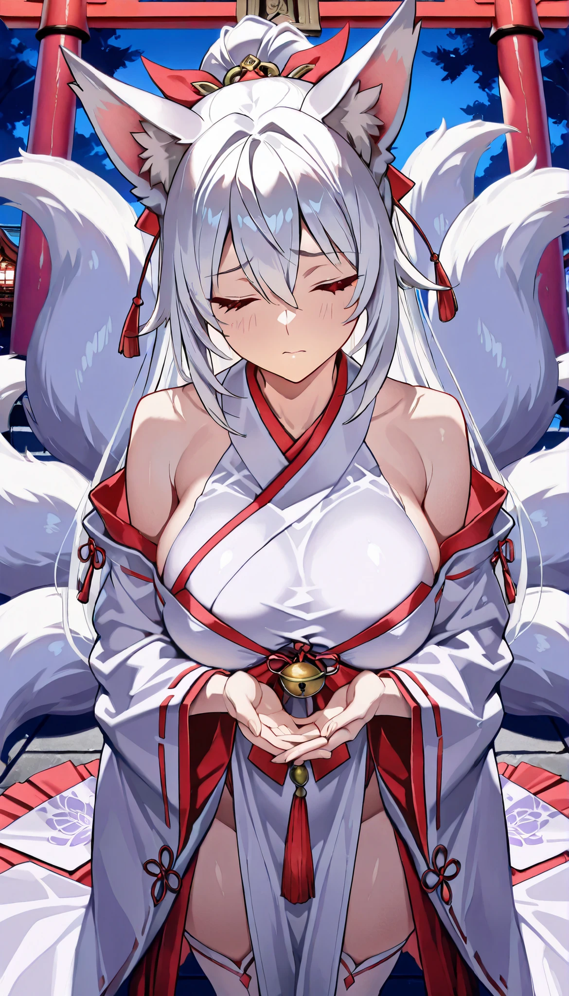 ((masterpiece)), Highest Quality , super detail, high resolution, Extremely Detailed CG Integrated 8K Wallpaper，HQ_HDR, (BIG BREASTS), (Extremely Attractive Nine Tails ), Foxの耳, Fox' s Tail, (Delicate fabric, Well Designed Shrine Maiden Outfit), (Delicate fabric, Japanese style high knee socks with excellent design), (Touch your mouth lightly with both hands, ), Beautiful breasts with a nice shape，Long hem、繊細な金My hair , My hair ornament, ponytail, high resolutionの美しい顔, ( Attention to Details :1.4) Beautiful red eyes with every detail , ( Fine skin,My hair ), (((Head angle  ))), cowboy shot, (midnight,  dark)), shrine torii,sad,eyes closed