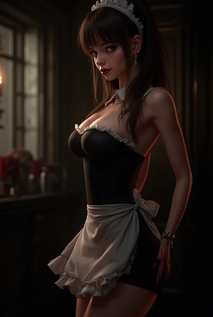 (Beautiful young female (perfect face) demon), (Milla Jovovich:0.3), horns, tail, wicked smile, pale skin, (skin texture:1.1), (French maid outfit), wreathed in fire, (fiery eyes:1.2), fit athletic body, temptation, taking your soul, hellscape background, tortured souls, hordes of hell in the distance, (masterpiece), (photorealistic:1.4), RAW photo, best quality, high res, rich colors, backlight, bright sunlight, cinematic lighting, film grain, raw photo, 50mm lens, Nikon D850, warm colors, sweaty,  