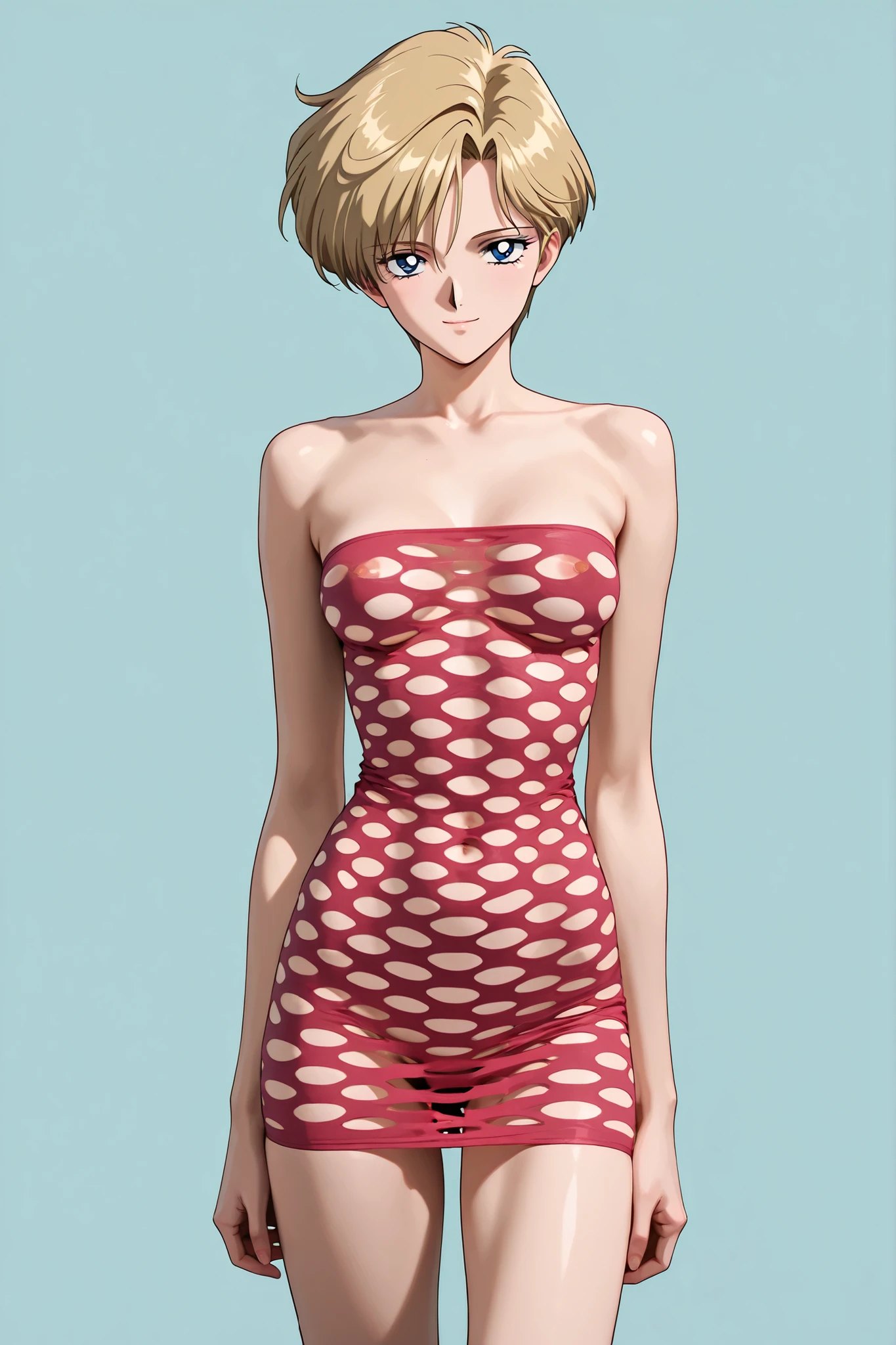 masterpiece, amazing quality, best quality, ultra-detailed, 8K, illustration, clear skin, ultra-detailed-eyes, soft skin, very awa, very as2, soft body, 1990s \(style\), official art, adult woman,haruka tenou, blonde hair, blue eyes, parted bangs, short hair, very short hair, skinny, small breasts, looking at viewer, pothole tube dress, simple background, light smile, naked