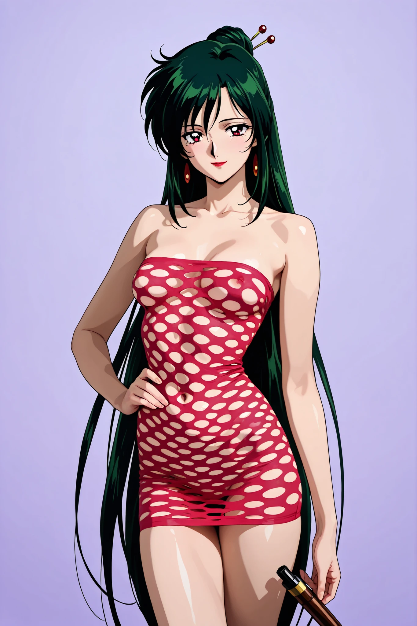 masterpiece, amazing quality, best quality, ultra-detailed, 8K, illustration, clear skin, ultra-detailed-eyes, soft skin, very awa, very as2, soft body, 1990s \(style\), official art, adult woman,setsuna meiou, long hair, red eyes, very long hair, green hair, hair bun, single hair bun, small breasts, mature, lipstick, looking at viewer, pothole tube dress, simple background, light smile, naked