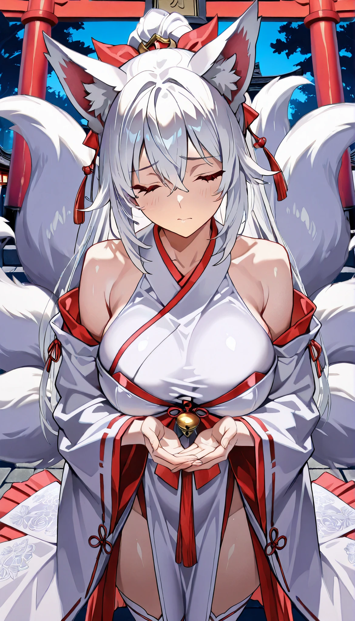((masterpiece)), Highest Quality , super detail, high resolution, Extremely Detailed CG Integrated 8K Wallpaper，HQ_HDR, (BIG BREASTS), (Extremely Attractive Nine Tails ), Foxの耳, Fox' s Tail, (Delicate fabric, Well Designed Shrine Maiden Outfit), (Delicate fabric, Japanese style high knee socks with excellent design), (Touch your mouth lightly with both hands, ), Beautiful breasts with a nice shape，Long hem、繊細な金My hair , My hair ornament, ponytail, high resolutionの美しい顔, ( Attention to Details :1.4) Beautiful red eyes with every detail , ( Fine skin,My hair ), (((Head angle  ))), cowboy shot, (midnight,  dark)), shrine torii,sad,eyes closed