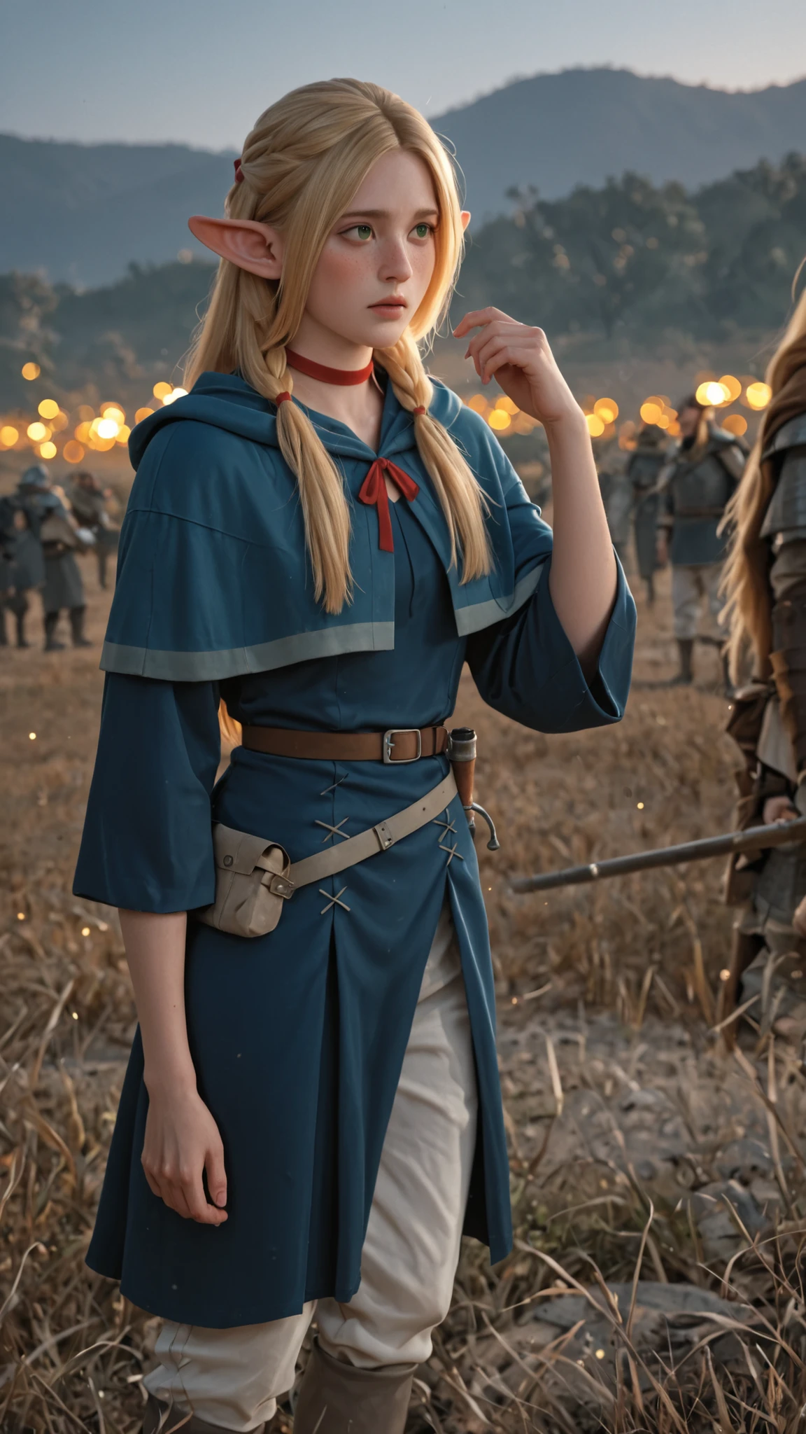marcille donato from the anime dungeon meshi, long blonde hair, green eyes, and rounded elven ears, long dark blue dress with white pants, red ribbon around her neck, stands, outdoor, morning,
masterpiece, best quality, photorealistic, hyperrealistic, 8k, ultra detailed, realistic skin texture with subtle freckles, detailed strands of hair,
dramatic cinematic lighting, soft volumetric light, depth of field, bokeh,
shot on Canon EOS R5, film grain