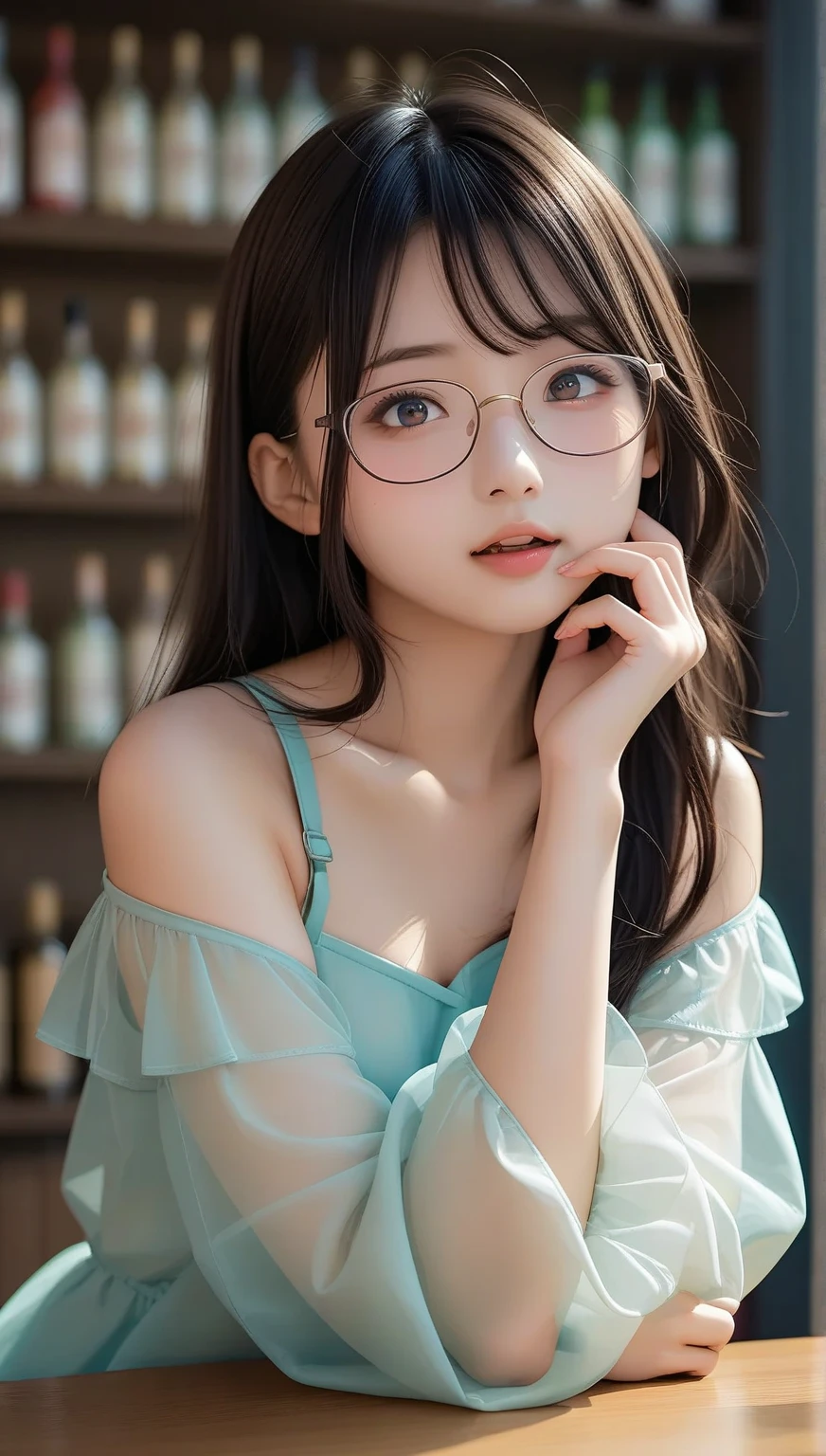 One woman, Japan people in their 20s, symmetrical beauty, Small face, sharp outline, A dark-haired, Shoulder length short bob hair, Curly hair, The hair near the shoulders should have strong waves., With bangs, thick eyebrow,realisticeyes, 二重まぶた, drooing eyes, Small nose, Thicker lips, closes mouth, A slight smil, Smiling smile, Rimless glasses, Small glasses, glasses for women, Wheat-toned skin, realistic skin textures, H Cup, a little fat, directly in front of the camera, looking directly at the viewer, Looking at the camera, The light source is from the front.
