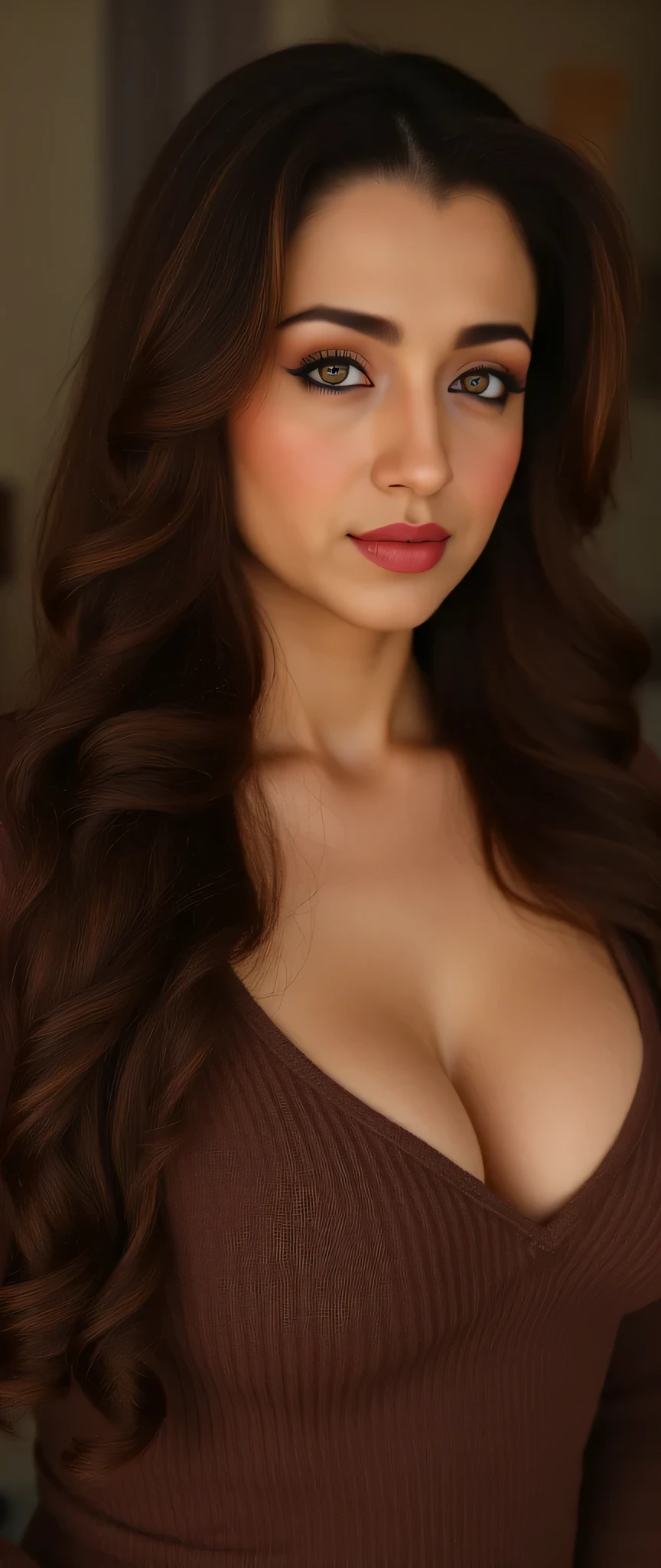 incredibly absurd long sexy brown hair style ,ultra-detailed, CG, unit, wallpaper 8k), (masterpiece), (realistic), (photorealistic: 1.2), (raw photo: 1.2), (best quality: 1.2), (detailed face: 1.4), (beautiful detailed eyes: 1.2), (detailed hair), light on face, huge file size, cinematic lighting, 1 girl, sexy, nsfw, eyeliner, kawaii, student, long hair, brown hair, ((wavy hair)), hair ornament, ((light blush)), ((soft under the eyes)), ((expressionless eyes)), blue eyes, ((large breasts)), fashi-g, red lips, makeup, shirt lift, ((brown deep neck sweater), black knees, high heels, jewelry, earrings, necklace, looking at the viewer, depth of field, big breast deep cleavage, beautiful face,mascara , front view , sexy long hair style, erotic looks , tight breast curves