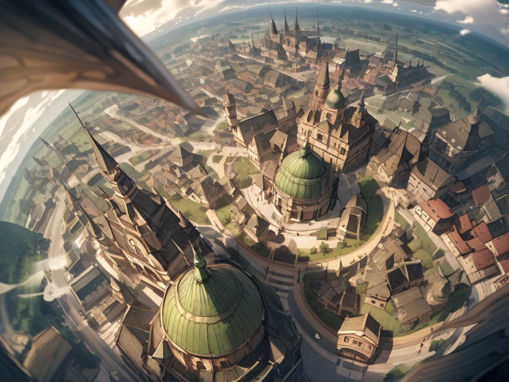 Anime Style,Nostalgic,Detailed background,The medieval world,A distant view from the airship's window,Beautiful sky,Beautiful Elf Bard,Large Breasts,Healthy thighs