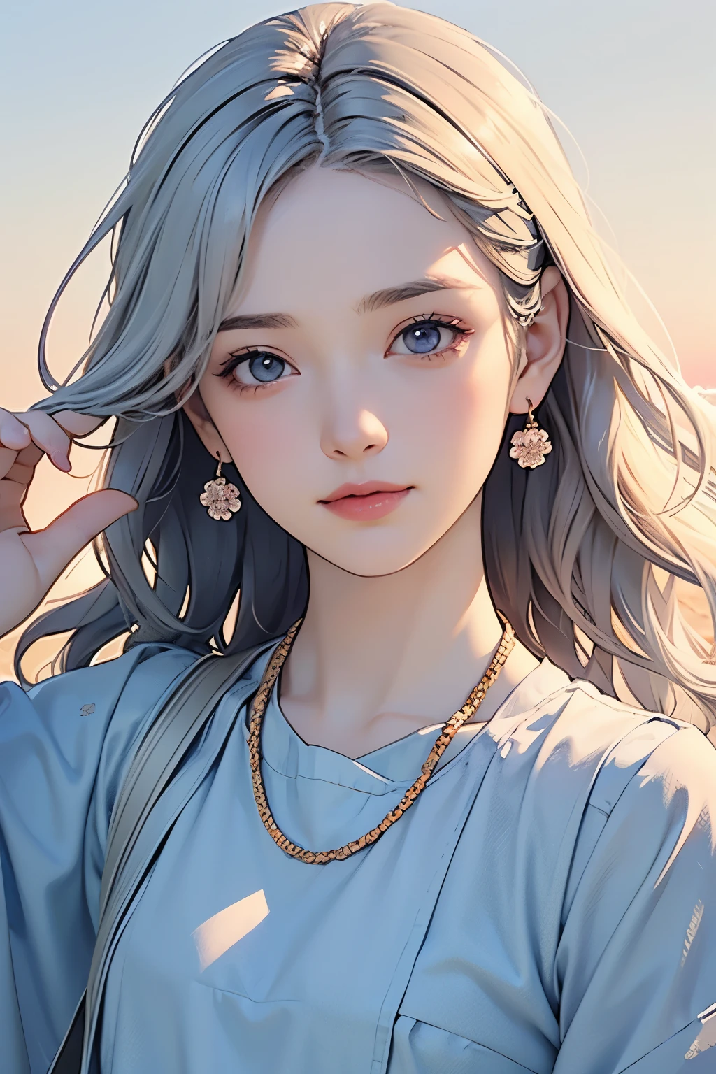 (Beautiful adult woman), (small smile), realistic texture, clear light blue eyes, (long, silvery-white, semi-long hair), small white flower hair ornament, hair swaying in the wind, portrait, wearing a loose white dress, slender figure, small, sparkling necklace, white waves lapping on the beach, lonely autumn dusk approaching, soft light of the twilight sky, shining sunset reflected on the sea, (pale colors), hints of autumn, top quality, attention to detail, masterpiece!, beautiful!, amazing!, everything is perfect!