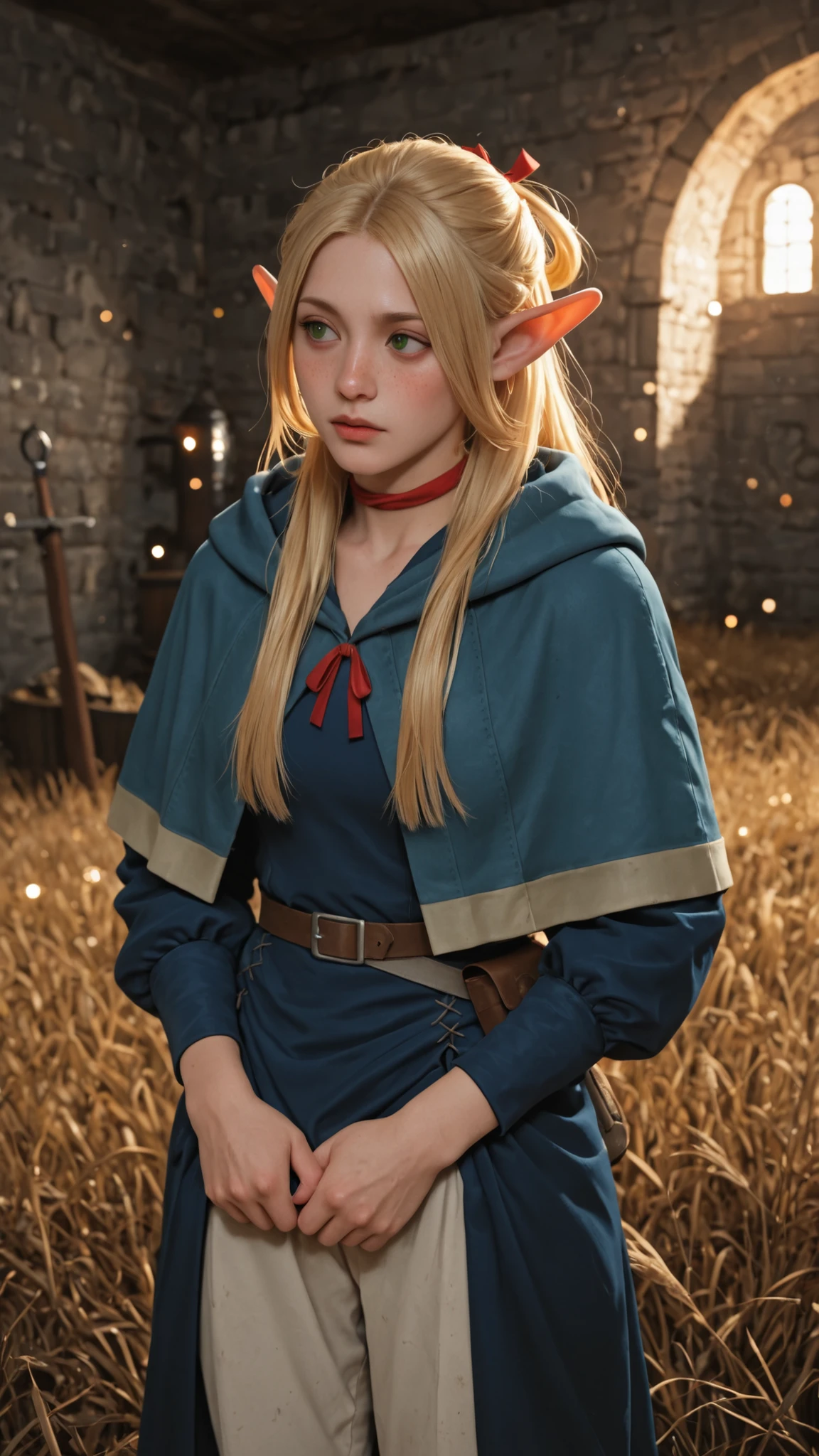 marcille donato from the anime dungeon meshi, long blonde hair, green eyes, long dark blue dress with white pants, red ribbon around her neck, dungeon,
masterpiece, best quality, photorealistic, hyperrealistic, 8k, ultra detailed, realistic skin texture with subtle freckles, detailed strands of hair,
dramatic cinematic lighting, soft volumetric light, depth of field, bokeh,
shot on Canon EOS R5, film grain