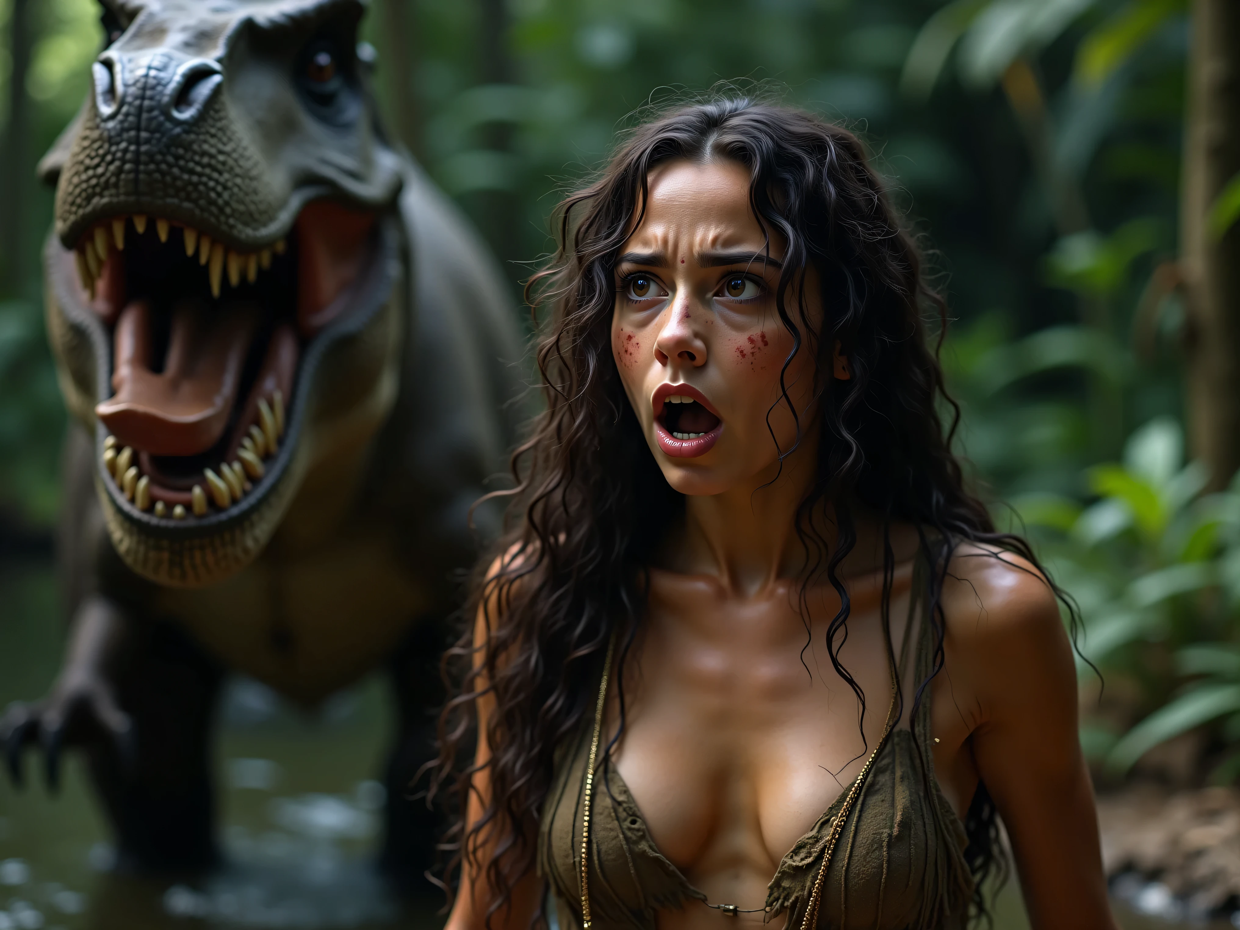 A close-up from the waist up of a lovely young cavewoman covered only in an animal skin as she is confronted by a Tyrannosaurus Rex at a watering hole. She is too terrified to run.  Attention to detail on the eyes and facial features, intricate details and care of the images, pale skin, very long hair, large chest and hips, terrified expression, large wide wide-eyed, sweaty, in  shock,  unable to move, vulnerable moment, horrified eyes, Parted Lips, extremely attractive young woman, hypersensual, scary, startling, raw photo, 8k, prehistoric life, exposed female, dangerous condition, ultra-realistic masterpiece 