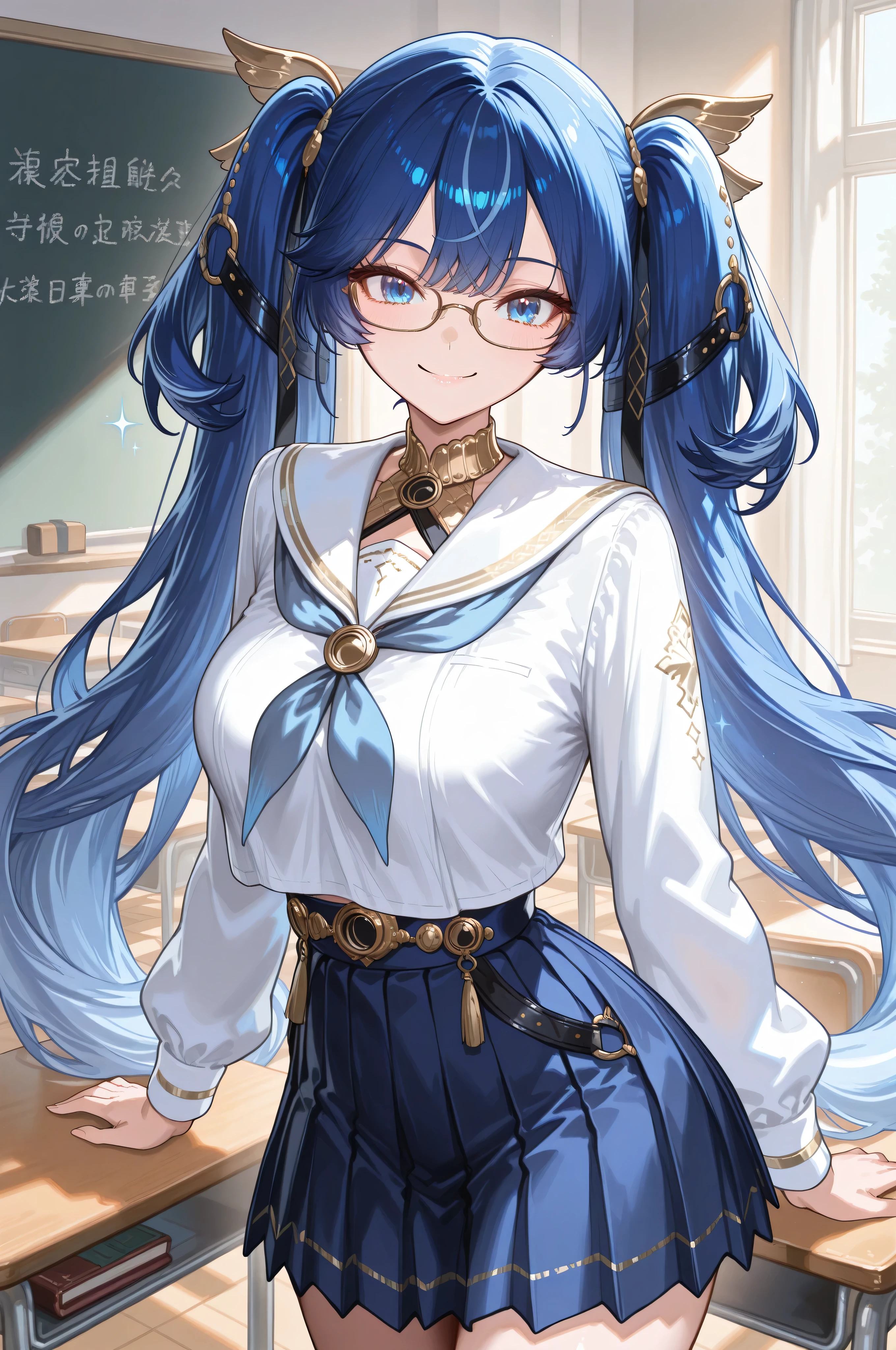 A beautiful young woman from Wuthering Waves game, Iuno the Priestess, with blue eyes, , very long blue hair in twintails with multicolored gradient stripes and hair belt accessory, wearing thin silver-rimmed glasses, dressed in a classic Japanese high school sailor uniform with short pleated skirt, white blouse and navy collar, standing in a sunny school classroom with desks and blackboard, she looks joyful and cheerful with a bright smile, sparkling eyes full of energy, lively pose as if chatting happily, detailed face with sharp features, natural sunlight filtering through windows, realistic style, high resolution, 8k, intricate details