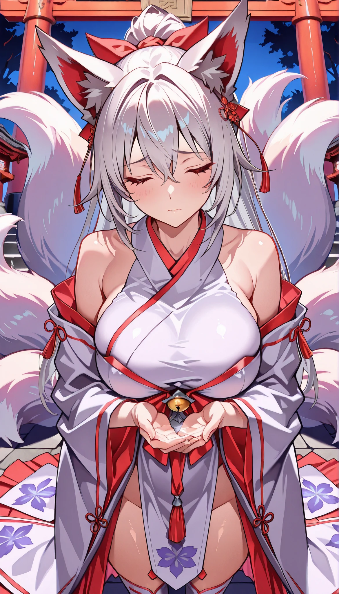 ((masterpiece)), Highest Quality , super detail, high resolution, Extremely Detailed CG Integrated 8K Wallpaper，HQ_HDR, (BIG BREASTS), (Extremely Attractive Nine Tails ), Foxの耳, Fox' s Tail, (Delicate fabric, Well Designed Shrine Maiden Outfit), (Delicate fabric, Japanese style high knee socks with excellent design), (Touch your mouth lightly with both hands, ), well-shaped breasts,繊細な金My hair , My hair ornament, ponytail, high resolutionの美しい顔, ( Attention to Details :1.4) Beautiful red eyes with every detail , ( Fine skin,My hair ), (((Head angle  ))), cowboy shot, (midnight,  dark)), shrine torii,sad,eyes closed
