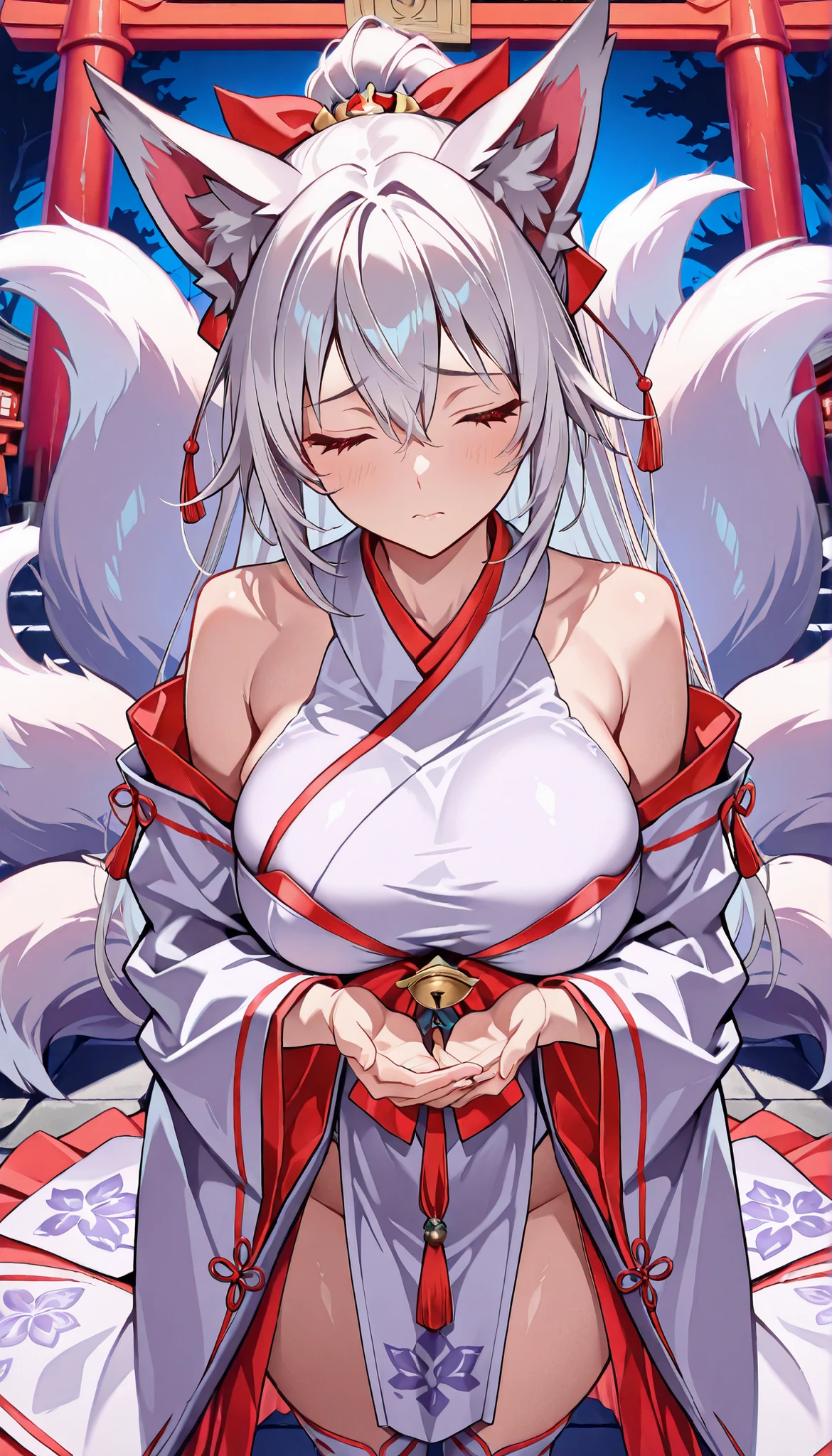 ((masterpiece)), Highest Quality , super detail, high resolution, Extremely Detailed CG Integrated 8K Wallpaper,HQ_HDR, (BIG BREASTS), (Extremely Attractive Nine Tails ), Foxの耳, Fox' s Tail, (Delicate fabric, Well Designed Shrine Maiden Outfit), (Delicate fabric, Japanese style high knee socks with excellent design), (Touch your mouth lightly with both hands, ), well-shaped breasts,繊細な金My hair , My hair ornament, ponytail, high resolutionの美しい顔, ( Attention to Details :1.4) Beautiful red eyes with every detail , ( Fine skin,My hair ), (((Head angle ))), cowboy shot, (midnight, dark)), shrine torii,sad,eyes closed
