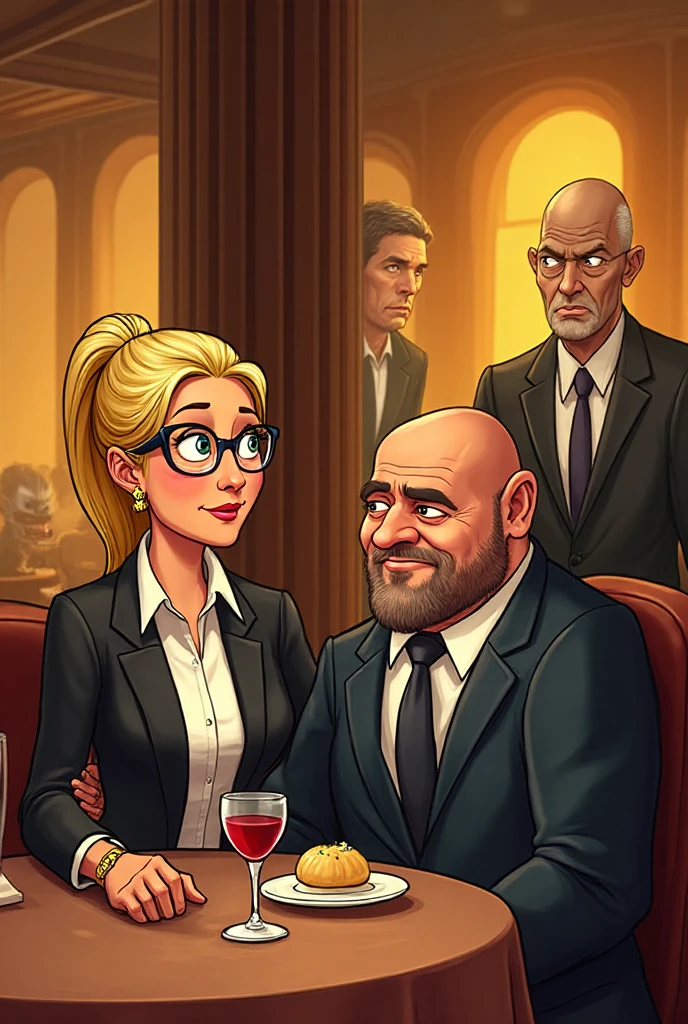  underground elevator escape rusty, an old fat white hair and beard, mafia boss wearing a black suite, with his blond wife who wears a black dress smoking cigar, clicks the elevator bouton to open the door, 