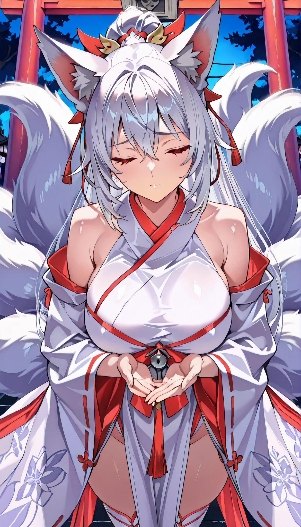 ((masterpiece)), Highest Quality , super detail, high resolution, Extremely Detailed CG Integrated 8K Wallpaper，HQ_HDR, (BIG BREASTS), (Extremely Attractive Nine Tails ), Foxの耳, Fox' s Tail, (Delicate fabric, Well Designed Shrine Maiden Outfit), (Delicate fabric, Japanese style high knee socks with excellent design), (Touch your mouth lightly with both hands, ), Beautiful breasts with a nice shape，Long hem、繊細な金My hair , My hair ornament, ponytail, high resolutionの美しい顔, ( Attention to Details :1.4) Beautiful red eyes with every detail , ( Fine skin,My hair ), (((Head angle  ))), cowboy shot, (midnight,  dark)), shrine torii,sad,eyes closed