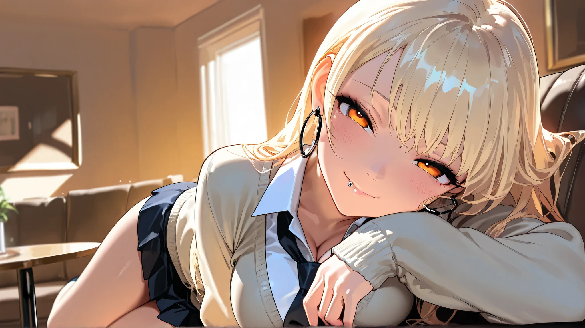 portrait, cute girl, solo, school uniform, micro skirt, long hair, twintail hair, blonde hair with white ends, orange eyes, large breasts, necktie, hoop Pierced earrings, glossy lips, cardigan, blush, flawless smooth skin, looking at viewer, seductive smile, head tilt, half closed eyes, indoors, living, table, sofa, (best quality,4k,8k,highres,masterpiece:1.2),ultra-detailed,intricate details, high fashion, dramatic lighting, warm colors, chiaroscuro