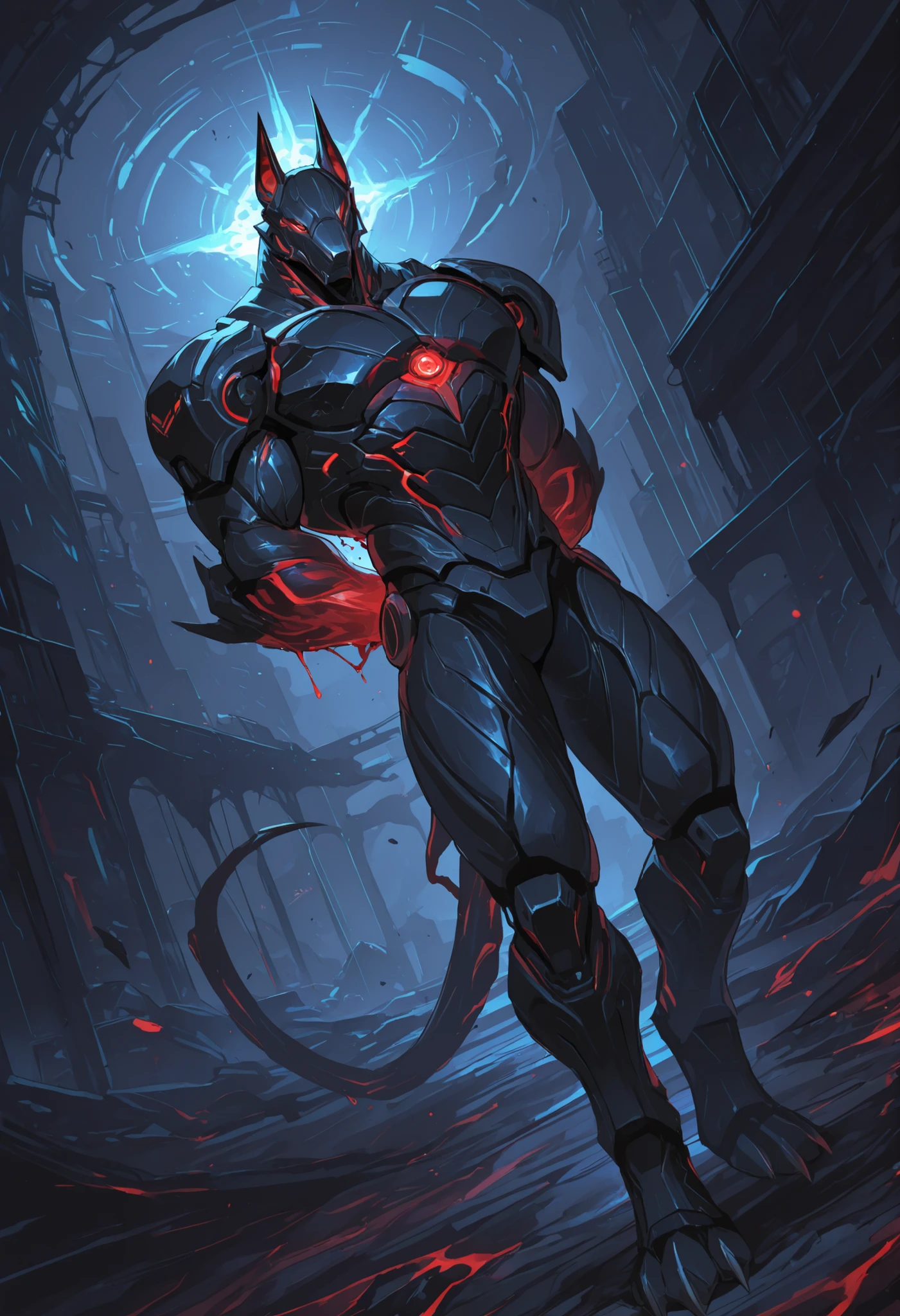 score_9, score_8_up, score_7_up, score_6_up, score_5_up, score_4_up, gigerworld, anthro jackal, heavy armor under the jacket, bulky, wide chest, monstrous, red glowing eyes, long hands, strong arms,
cybrog, anthro, jackal, male, full body, Muscle, Delicate face, Delicate eyes, 1 tail, (glowing LED), energy, outdoors, rubber goo body, evil looking, crimson glowing eyes, black steel scales, black and evil armor, futuristic evil armor, heavy armor, snout-cover armored mask, balanced physique, muscle-shaped armor, war machine, muscular physique, thick arms and legs, muscular texture and details on armor, claws, warframe, cyborg,
hands behind the back, levitating, advanced and stylish design, dutch angle, minute details, detailed background, newest, debris, ruins, underground laboratory, extremely detailed CG unity 8k wallpaper, realistic, masterpiece, highest quality, realistic, masterpiece, highest quality, lens flare, unreal engine, trending on ArtStation, Intricate, High Detail, dramatic, realism, beautiful and detailed lighting, shadows