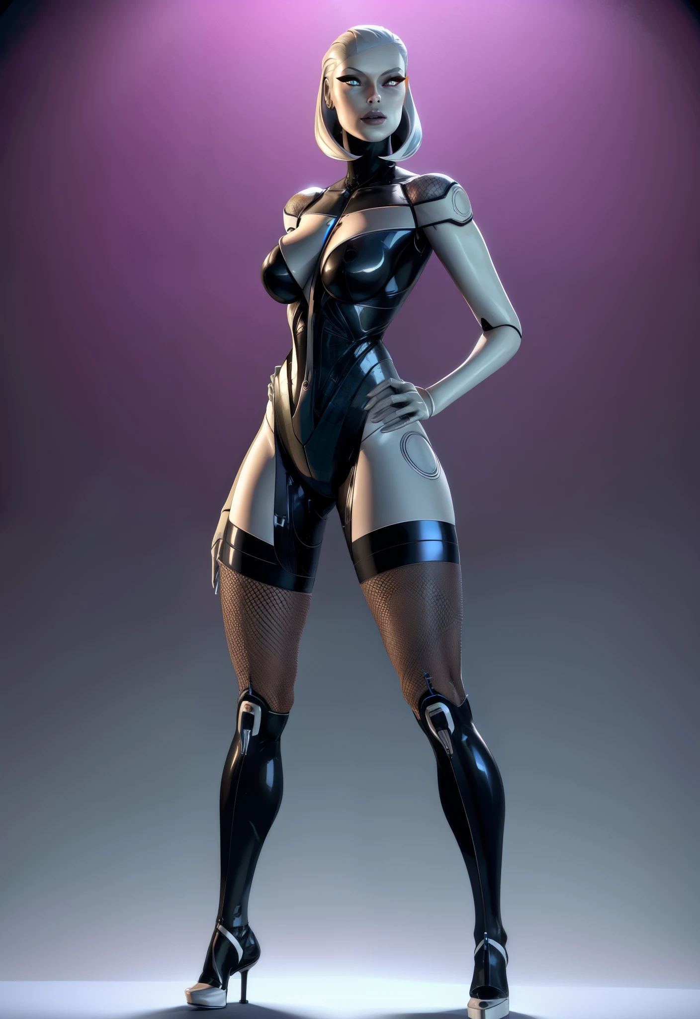 Android, weiblich , sehr sexy, silbergraue Haut.perfekte Figur. Edi. Straight tight standing ,frontal . Fishnet stockings. High Heels. whole body pictured