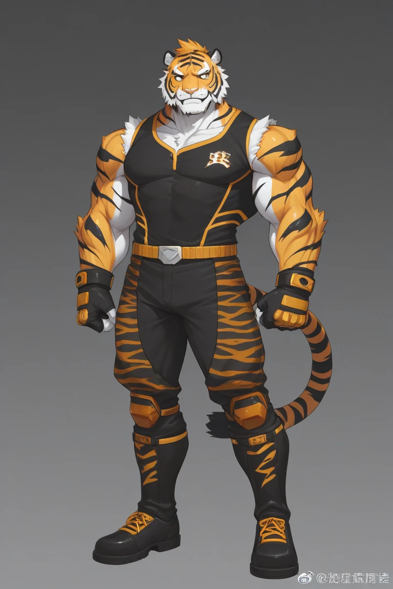 Orange tiger , blue eyes, muscular, Police cap, black sleeveless shirt, shorts negros