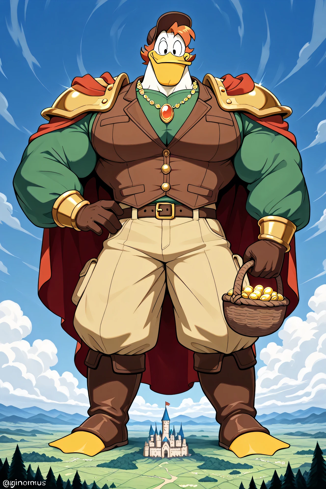 masterpiece, best quality, amazing quality, official style, giant l4unchmcqu4ck, male, furry male, anthro, solo, duck, white body, orange hair, short hair, black eyes, yellow beak, webbed feet, yellow feet, muscular body, brown hat, brown vest, green shirt long sleeves, orange necklace, golden bracelets, golden shoulder pads, wearing a very long red cape, bigger brown gloves, belt, dark yellow pants, (bigger wrestler brown boots), standing, holding a basket of golden eggs coins colorful jewels diamonds and a golden harp, ginomous biceps, enormous pectorals, outdoors, powerful smile expression, clouds background, big castle micro background, blue sky and clouds background, fairytale fantasy scene, giant size, macro size, 50-foot size, 100-feet tall, giant beanstalk behind.