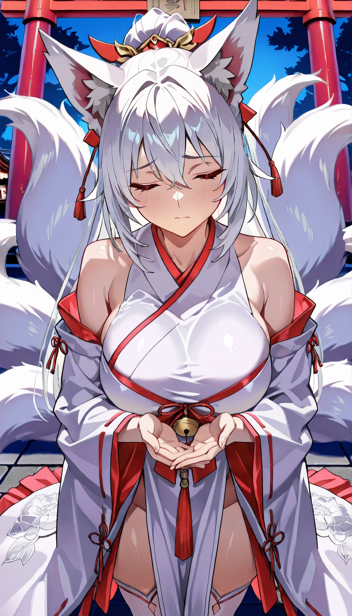 ((masterpiece)), Highest Quality , super detail, high resolution, Extremely Detailed CG Integrated 8K Wallpaper，HQ_HDR, (BIG BREASTS), (Extremely Attractive Nine Tails ), Foxの耳, Fox' s Tail, (Delicate fabric, Well Designed Shrine Maiden Outfit), (Delicate fabric, Japanese style high knee socks with excellent design), (Touch your mouth lightly with both hands, ), Beautiful breasts with a nice shape，Long hem、繊細な金My hair , My hair ornament, ponytail, high resolutionの美しい顔, ( Attention to Details :1.4) Beautiful red eyes with every detail , ( Fine skin,My hair ), (((Head angle  ))), cowboy shot, (midnight,  dark)), shrine torii,sad,eyes closed