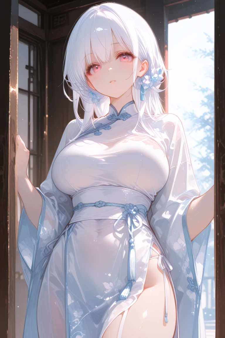 Height 1.6m，The eye color is a strange blend of gray-pink with silver-green；It's not that these two colors are weird，It's about the weird way of fusion，It's like turning a glaze into a solution。And the whites of her eyes always feel that they are not white。Her clothes are powder、ash、rot、The color of the blend of whites，The outermost layer is both a shawl and an overcoat，It can also be a cape from a certain angle。Her lower body is covered by what could be called a long-distance run，The strange stacking and pleats in the clothes room made it impossible for me to tell where my top and pants were。No figure，The face is between 15 and 17 years old in human females, her Belly is bloated like a woman who pregnant in her 10th month 
 with ???????????