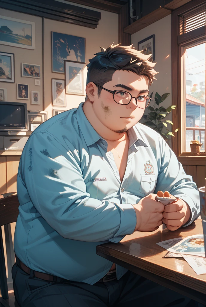 ((Top Quality)), A fat boy wearing glasses, eating crisps, on the bench