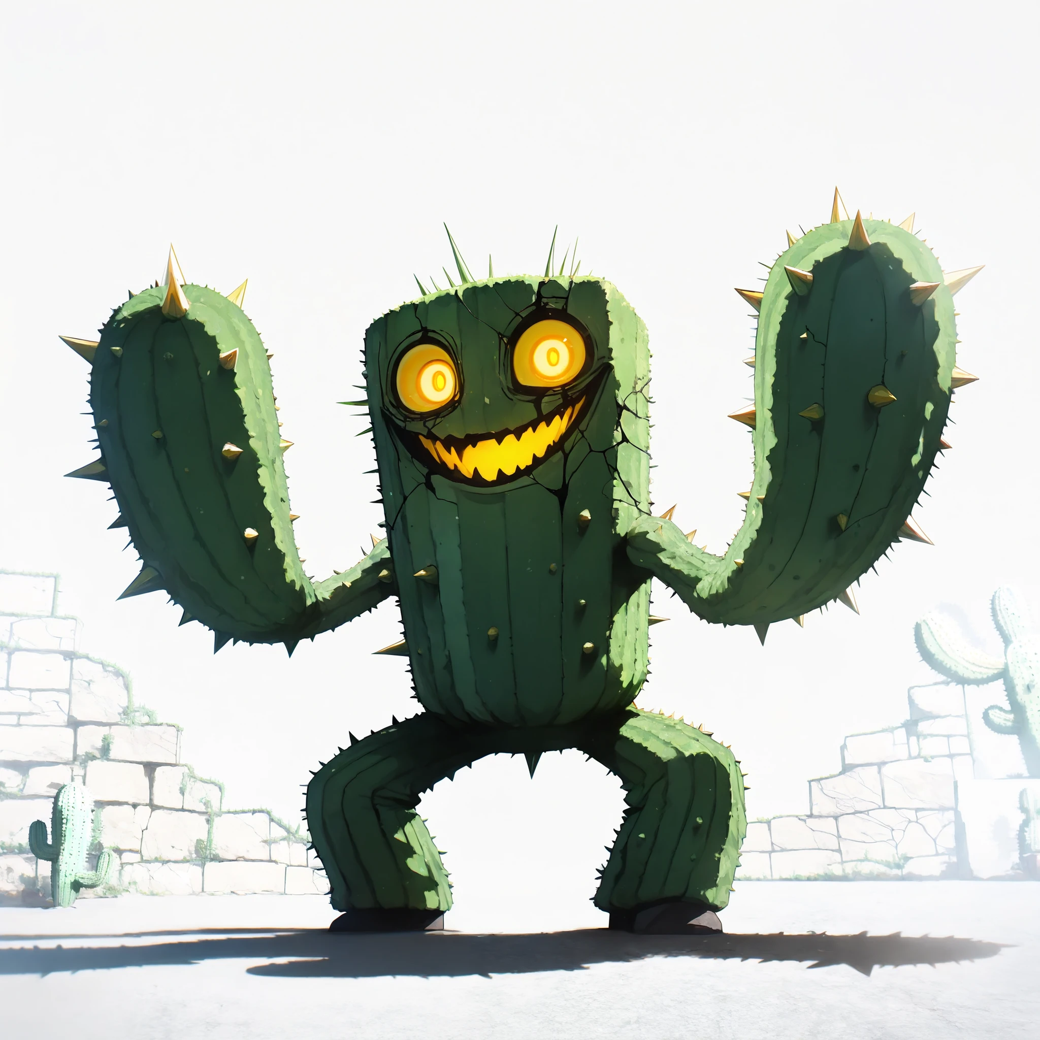 (monster), (giant body), (rough stone skin), (brick texture body), (spiky cactus arms), (green cactus spikes), (sharp cactus thorns), (glowing yellow eyes), (wide open mouth), (creepy face), (scary pose), (solo), (single character), (full body version), (white background), (no background), (highly detailed), (shadow), (standing pose), (natural light), (detailed body), (detailed texture), (detailed face)
The monster body is made from cracked bricks fused with cactus plants, its torso covered with green cactus spikes and thick vines, arms bulky and rough like walls of stone, legs heavy and shaped like giant bricks. Its head looks half stone half cactus, with glowing yellow eyes and wide open creepy smile.