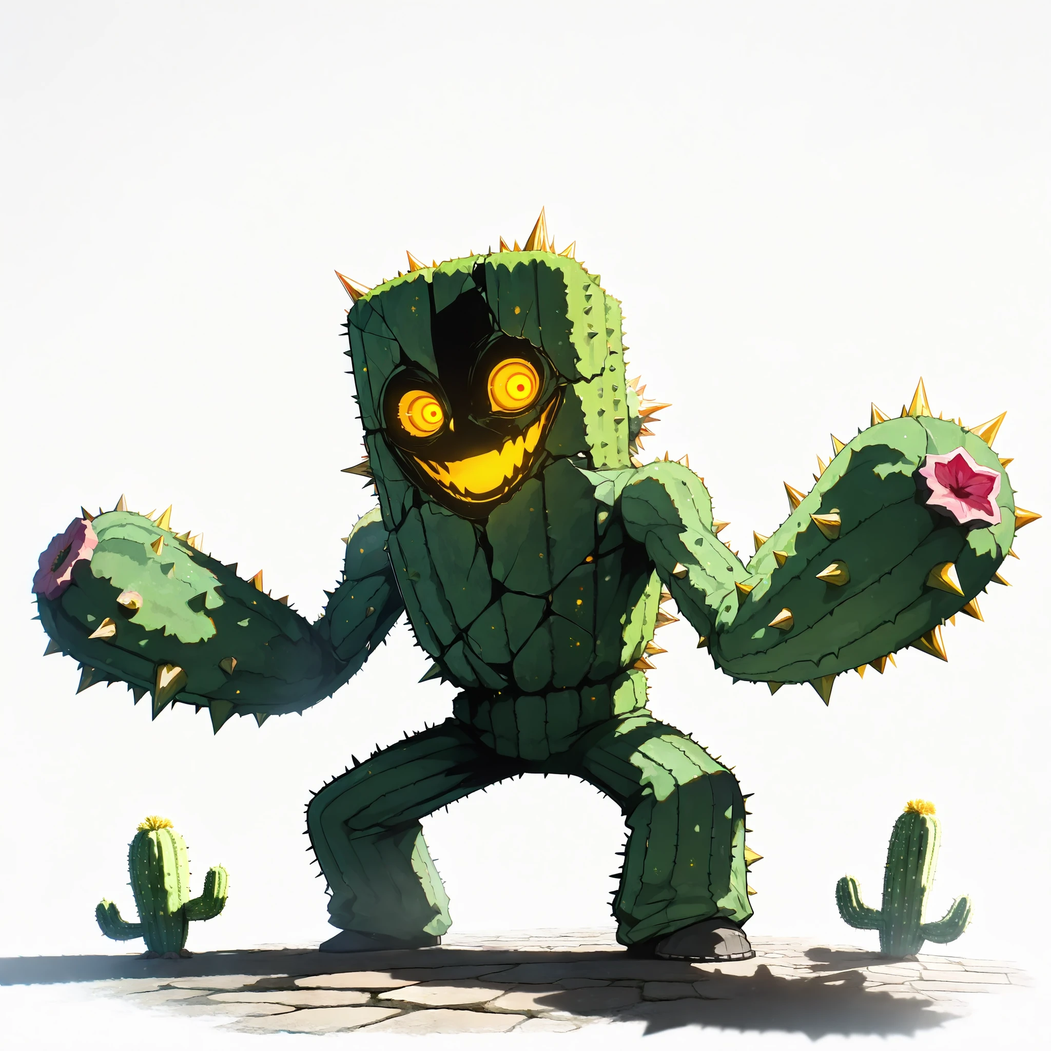 (monster), (giant body), (rough stone skin), (brick texture body), (spiky cactus arms), (green cactus spikes), (sharp cactus thorns), (glowing yellow eyes), (wide open mouth), (creepy face), (scary pose), (solo), (single character), (full body version), (white background), (no background), (highly detailed), (shadow), (standing pose), (natural light), (detailed body), (detailed texture), (detailed face)

The monster body is made from cracked bricks fused with cactus plants, its torso covered with green cactus spikes and thick vines, arms bulky and rough like walls of stone, legs heavy and shaped like giant bricks. Its head looks half stone half cactus, with glowing yellow eyes and wide open creepy smile.