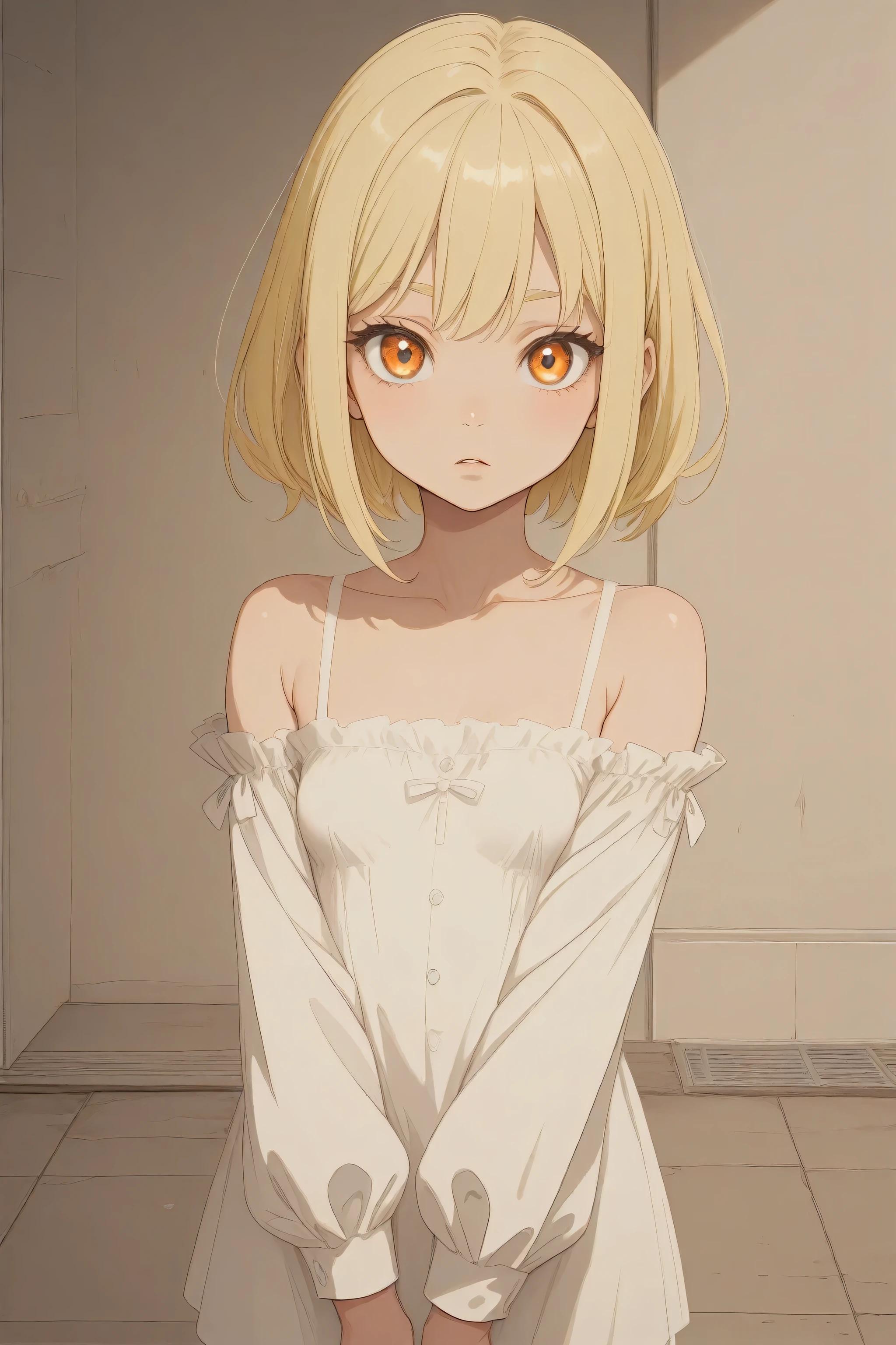 female child, blonde hair, big eyes, short hair, small breasts, child, off-shoulders, black off-shoulders, white long sleeves, looking at viewer, perfect face, beautiful child, blond thin eyebrows