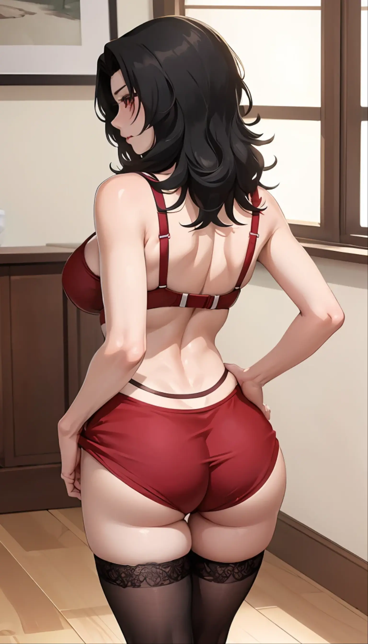 Beautiful mature Japanese woman aged 55, Married women, Fine Lines, Long eyelashes, Low Ponytail, Red lipstick, Pearl Necklace, Earrings, Red lipstick, good, Back view, turn around, ????, ????を広げる, ????