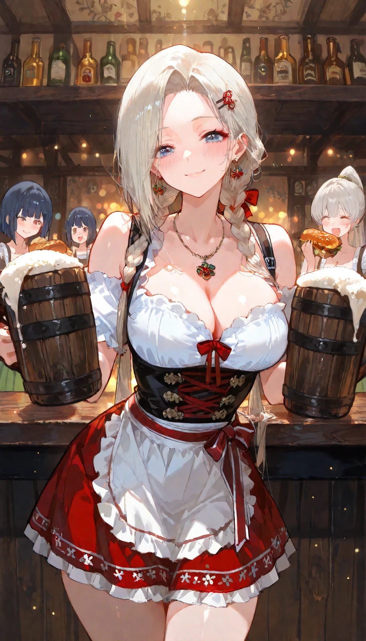(Best Quality, ultra detailed, masterpiece, 8k, 16k, Wallpaper, Anatomically correct, fine detailed skin, fine detailed eyes, fine detailed hair, fine detailed hands, Accurate hands), (beautiful girl : 1.3), 4 girls taken, Group Photo, (ARW), (Replace the chic Dirndl ,Flare Skirt, earrings, necklace), platinum blond hair, Ponytail, bob cut, twin tails above thighs, long hair, short asymmetrical cut, low-tied long hair, braids, Forehead, hairpin, Smile Yan, is embarrassing, Blush, wooden bar, bustling large hall, busy, Carrying food, Beer poured into a wooden mug, Dynamic Angles, colorful light particles, Depth of Field, bokeh, moya, lens flare, film reflections,
