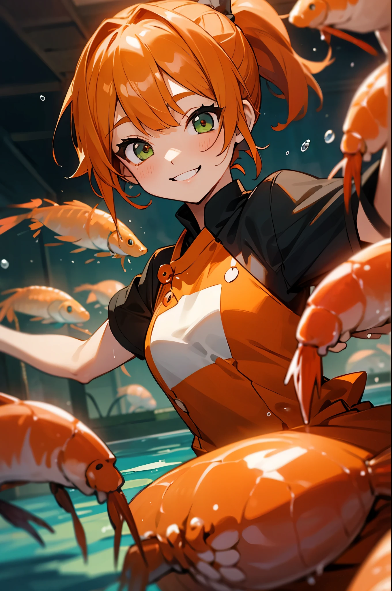 one woman、solo、orange hair、ponytail、green eyes、big smiles lining up at the bar、Orange Clothes、black inner shirt、Upper Body Closeup、In the water、There are many shrimp families around her