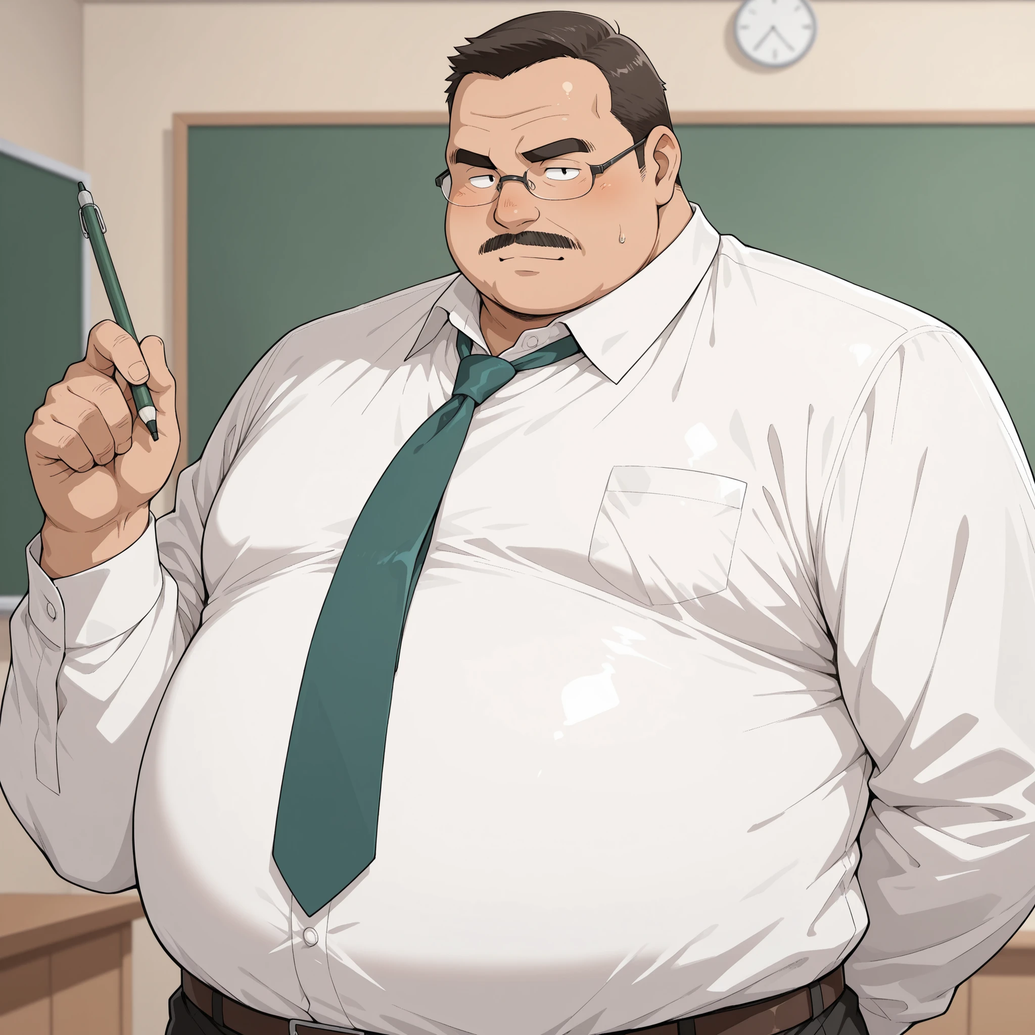 fat boy,male focus,solo,dress shirt,tie,(big stomach:0.7),teacher,chubby face,ugly