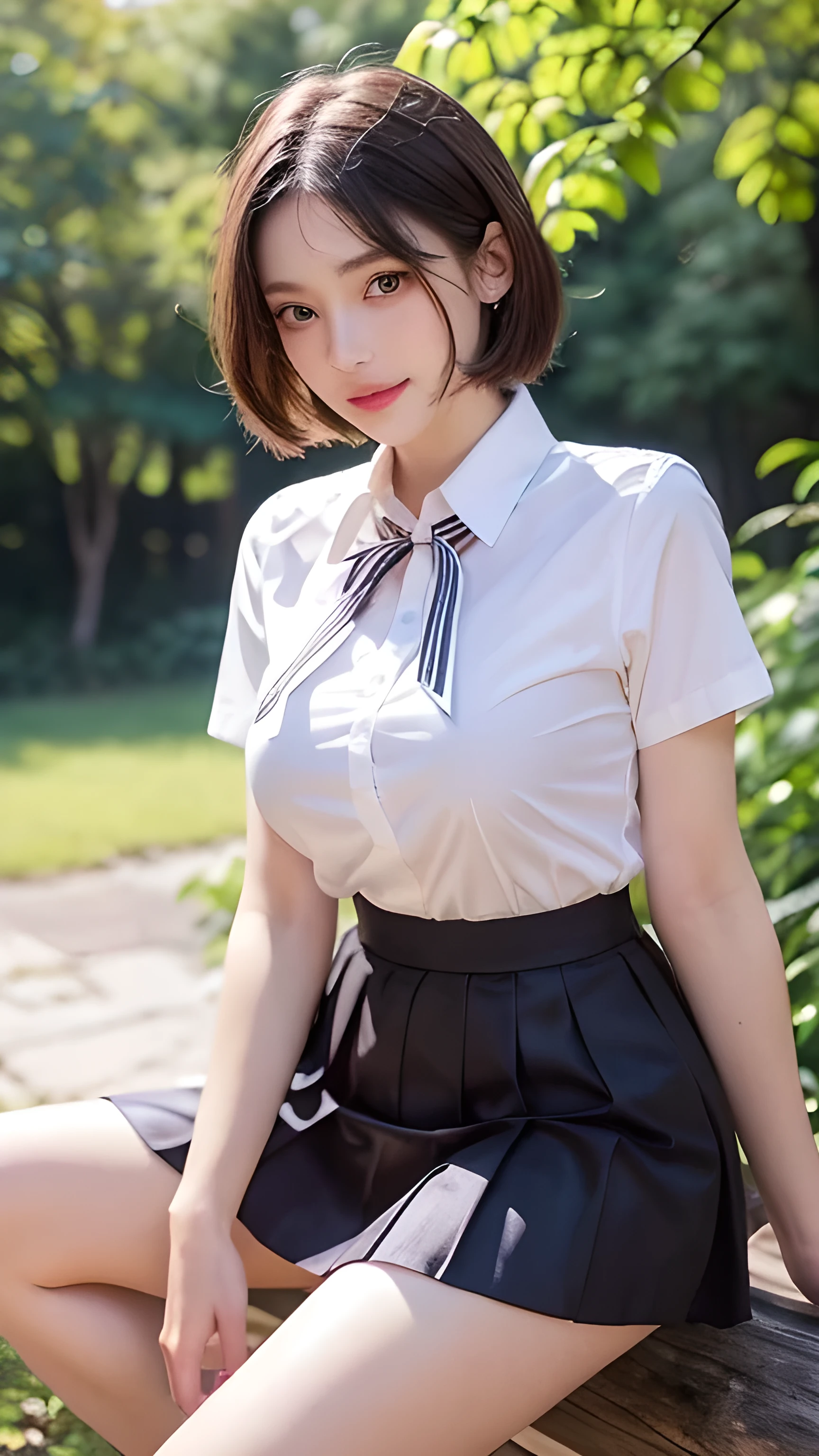 nsfw, 8KRAWPicture, Highest Quality , masterpiece, ultra high res , film grain, membrane, one girl , watch viewers , natural skin texture for women at the pharmacy, Realistic Eye and Face Details , plump lips , lipstick, (compensate), Red Eye Shadow , Fluffy Short Hair , messy hair, smile, close your mouth, beautiful sitting on a branch, tall women, skinny, Slim_sitting on a branch, Alone, big boobs, Stone Klebi, Butt Facing Pose , super short skirt , teeth, shirt, beautiful natural place, Around Flower Square, ( detailed background), check pattern skirt, white shirt, big boobs, Stone Klebi, Show a little Stone Klebi through the shirt, loafers without pants, blur background, blur, holding, check pattern , Short sleeve, JK ribbon on the neck, JK ribbon , brown hair, bracelet , water, Bang, School Uniform, gem, open lips, lips, from side, pleated skirt , Depth of text