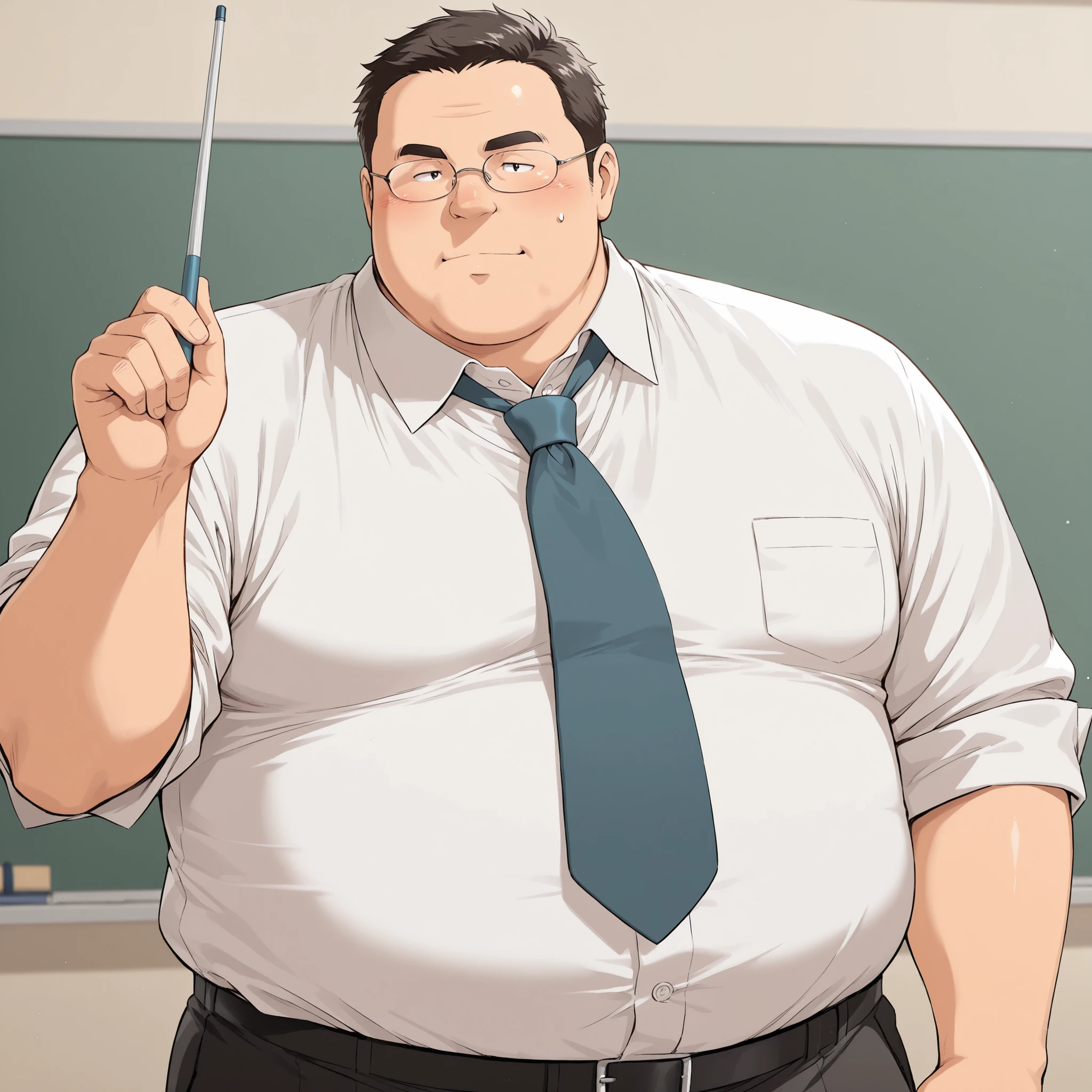 fat boy,male focus,solo,dress shirt,tie,(big stomach:0.7),teacher,chubby face,ugly