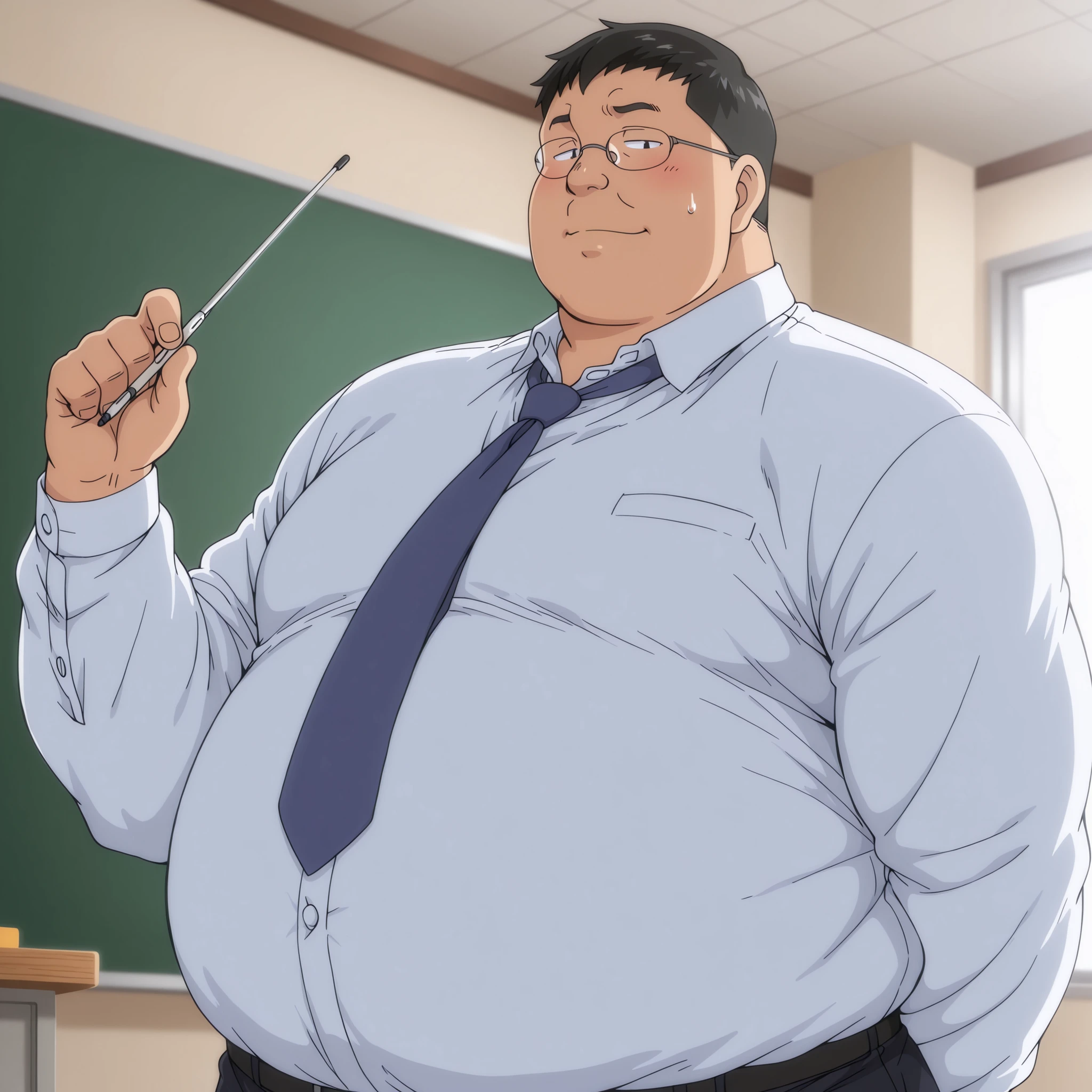fat boy,male focus,solo,dress shirt,tie,(big stomach:0.7),teacher,chubby face,ugly