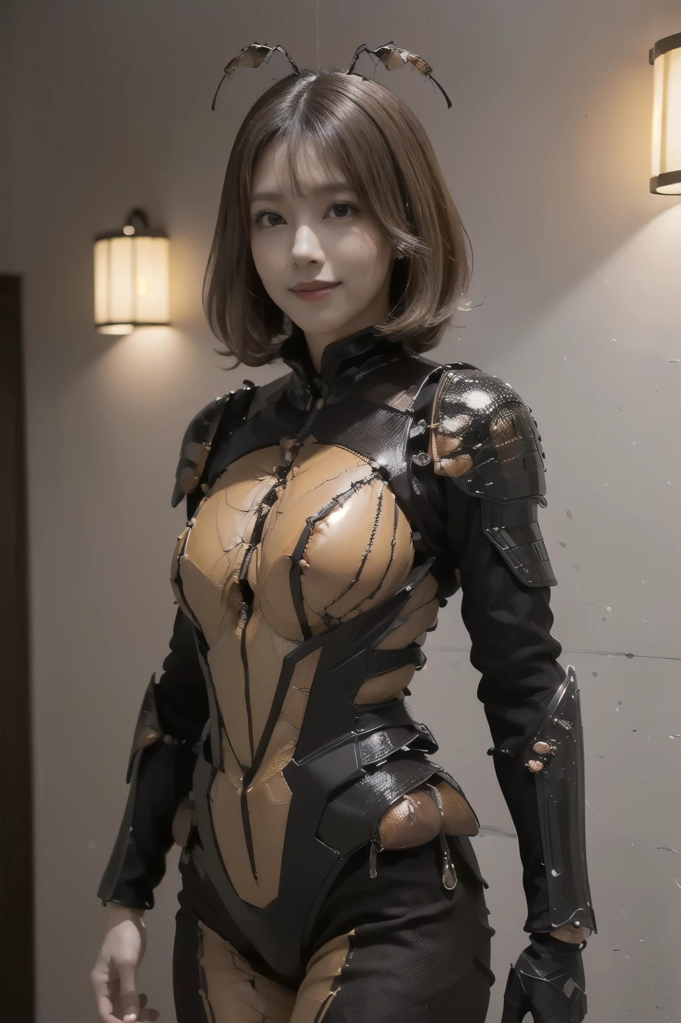 (high resolution,masterpiece,best quality,extremely detailed CG, anime, official art:1.4), realistic, photo, amazing fine details, all intricate, gloss and shiny,awesome many layers, 8k wall paper, 3d, sketch, kawaii, illustration,( solo:1.4), perfect female proportion,villainess, (fusion of dark brown cockroach and lady:1.4), (brown cockroach form lady:1.2), (brown cockroach lady:1.2), (fusion:1.2), (solo:1.4), (evil smile:1.2), muscular, abs, (cockroach brown exoskeleton bio insect suit:1.4), (cockroach brown exoskeleton bio insect armor:1.2), (brown transparency cockroach wing:1.4), (brown cockroach antennae:1.3),