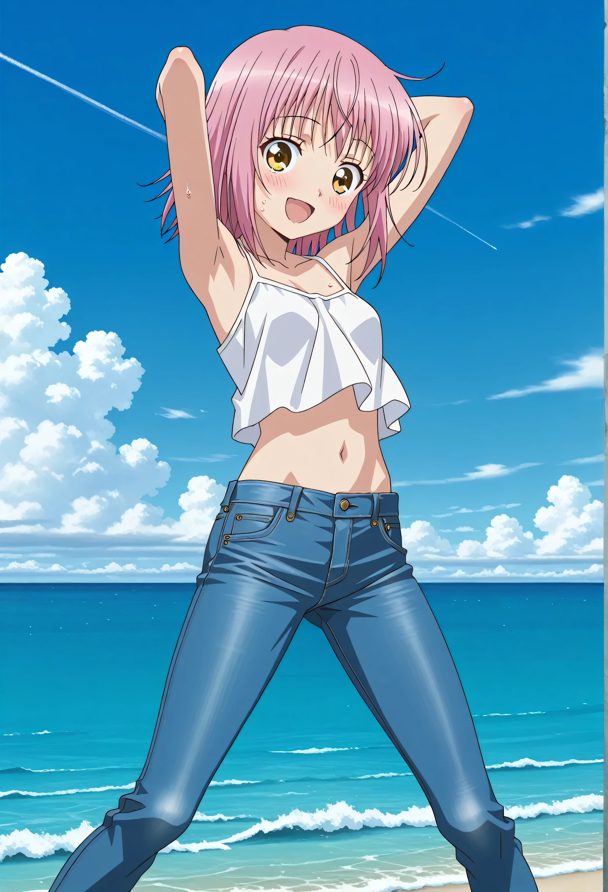 score_9, score_8_up, score_7_up, source_anime, highres, hi res, ((best quality, top quality, perfect quality, Highest Quality, amazing quality)), {{masterpiece}}, {{an extremely delicate and beautiful}}, 2d, intricate details, official style, anime, 8k, anime style, official_anime, official art, digital painting, cell shading, soft shading, high resolution, soothing tones, Subdued Color, Soft cinematic light, adobe lightroom, photolab, HDR, intricately and hyper-detailed, ((high quality animation)), 1 girl, Alone, solo, ((ocean)), tsunami, on the water, day, sunny, outdoors, sky, windy, amu hinamori, short hair, yellow eyes, pink hair, anime screencap, small breasts, white camisole top, crop top, white crop top, best quality, hyper-detailed jeans, ((blue jeans:1.9)), (dark blue jeans:0.6), full medium body, medium shot, Open mouth, smiling, happy face, blush, sweat, standing, arms behind head, bowlegged, sliding pose, action, looking at viewer, spread legs, Bend knees slightly, little side view, from medium below