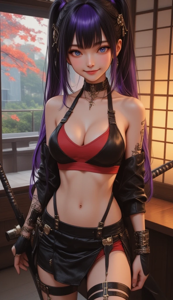Fuchsia hair，With silver headphones，Blue eyes，Red lips are attractive，The full body，white shirt, (((very see-through top)))，cropped shoulders，huge tit，There are tattoos on the shoulders, (((Nekomimi))), ears and tail (((steampunk girl)))
