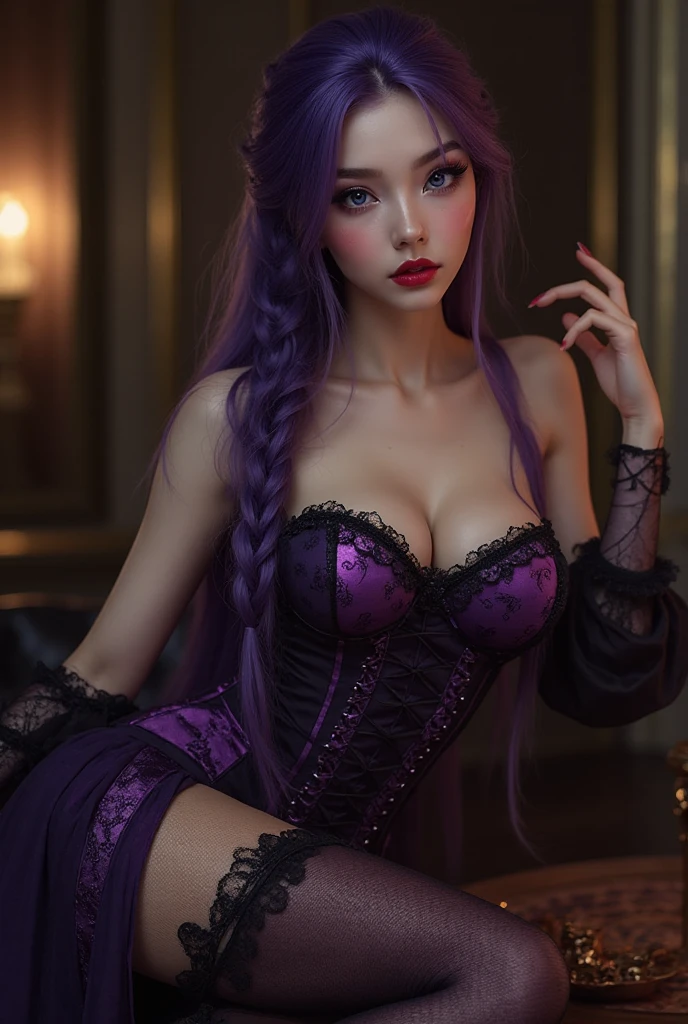 ((best qualityer, sitting down, cross legs, leg focus)), ((work of art)), (detailded),1 girl, (A vampire), , violet hair, in this, stockings, mitts, Glass, super realism, high heels