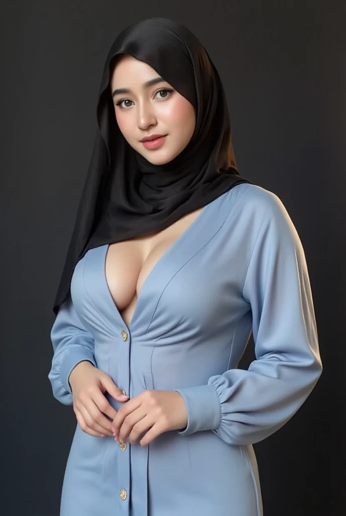 Masterpiece, realistic, best quality, best lighting, 1 pretty girl with angelic face, ((full bodyshot head to toe)), beautifully makeup, eyeshadow, Parted Lips, Detailed Eyes, beautiful big eyes, long eye lashes, smile, wearing ((Dark blue satin headscarf)), loosely tide hijab style, ((full )), very big , sitting on the mat in the yard, (seducing,  pose)