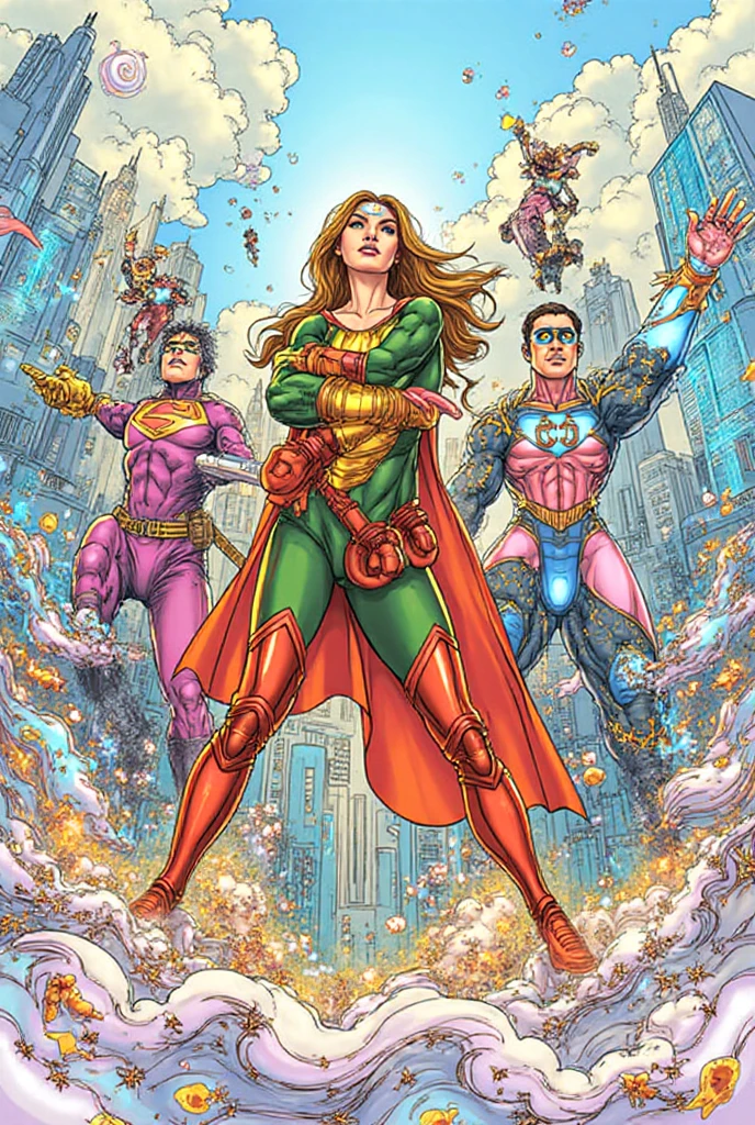 Solo, A brave and courageous image of a 6 member ranger team, Each one is decorated in vibrant colors such as:: ((Pink)), red is front of center, violet, Green, yellow, blue black, white,. Dynamic poses in a background that exudes energy and courage, neon, fire, plasma, Fluorescent, shocking, pink big bomber, splashing pink, running, fighting pose, action pose, Embodying the essence of the classic Sentai superhero team. Each Ranger:: The attire is sophisticated and modern, Each color has elements that reflect its theme., Ready for action. (()), weapons, in sunset background , in cinematic lighting, cover art mixed cinema poster style,