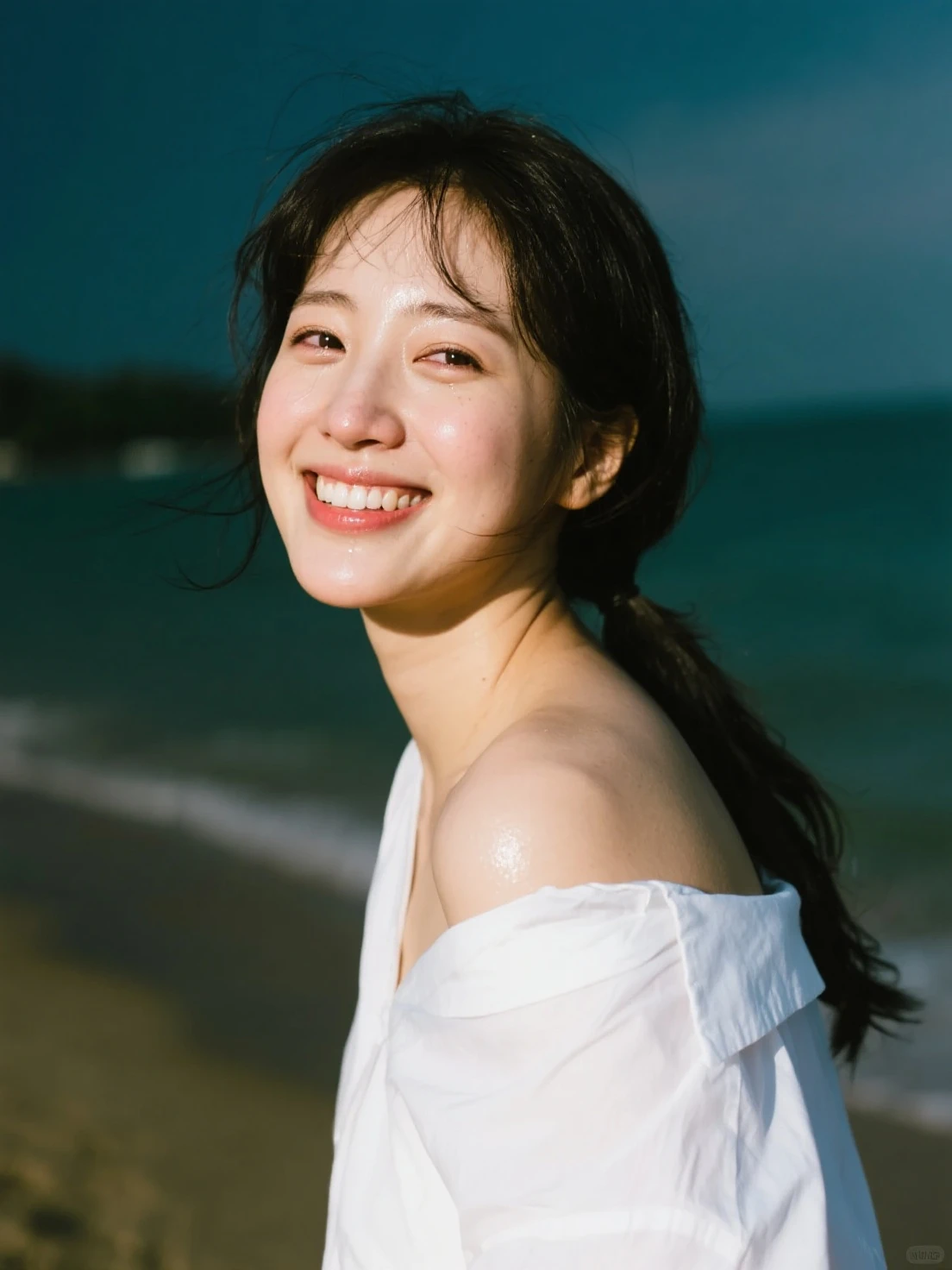 Cinematic Photo of a beautiful girl laughing at a beach