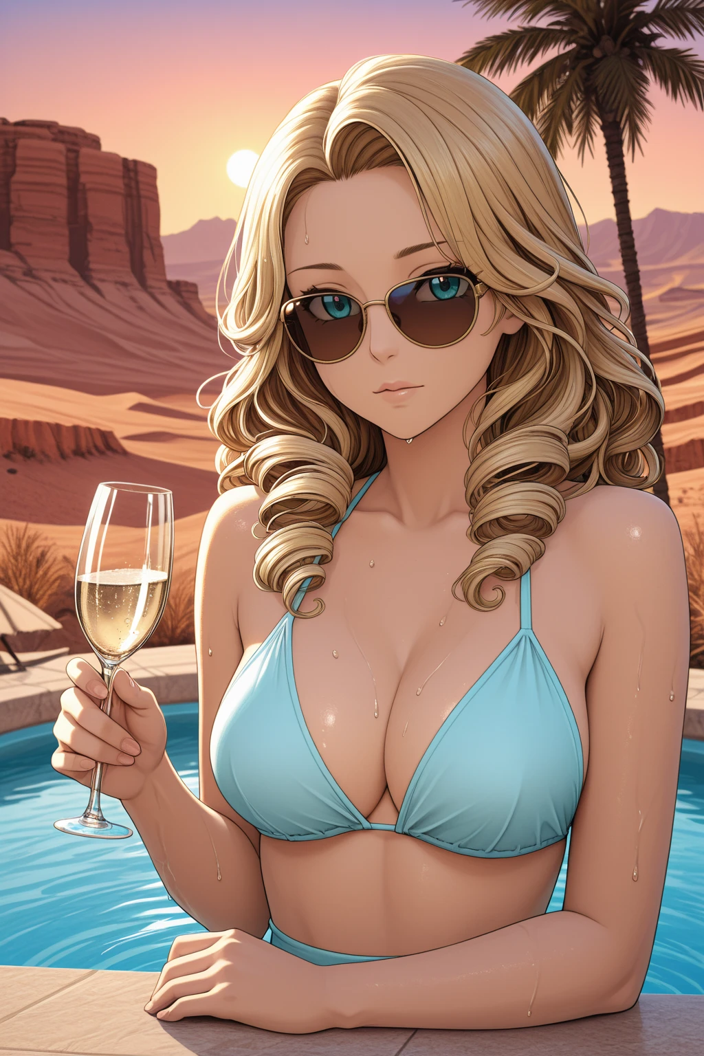 (best quality:1.3), (4K quality),masterpiece, best quality, high res, detailed, (Detailed face:1.2), (Detailed eyes:1.2), (Hourglass figure:1.2), 1girl, solo, 36-years-old, tan olive skin, short blonde hair, pony tail style hair, green eyes, approximately 5'2" tall, ((Wearing a flossing green  and sunglasses)), walking, ((holding a beer can in one hand)), beautiful beaches, palm trees, beach resort, beach vacation, summer getaway, relaxed atmosphere, cinematic lighting, sunset, detailed background, back shot
