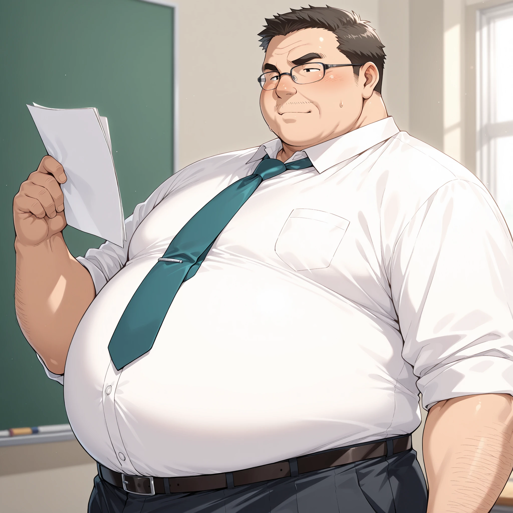 fat boy,male focus,solo,dress shirt,tie,(big stomach:0.7),teacher,chubby face,ugly