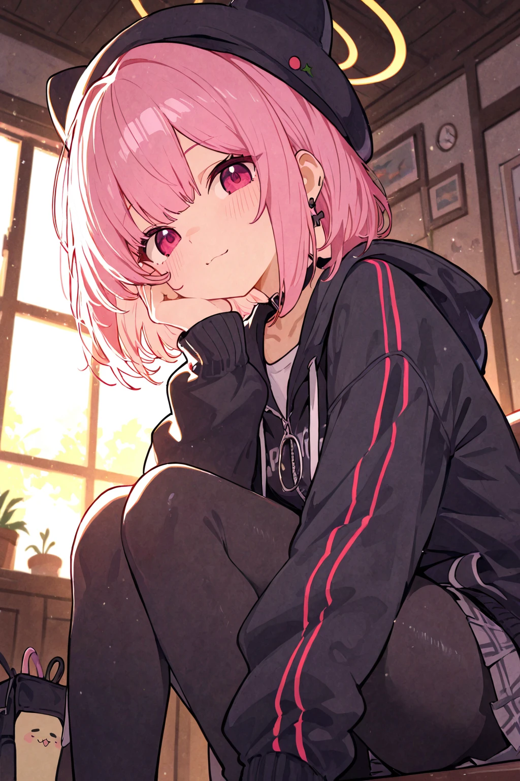 Anime girl with pink hair sitting on a bench in a room - SeaArt AI