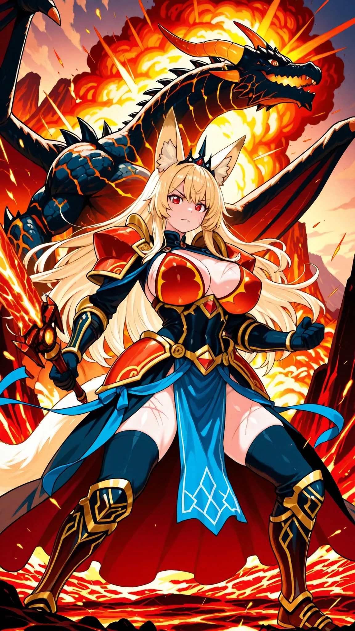 8K (high resolution) (Super Detailed) (masterpiece) (Highest Quality) animated illustration detailed eyes detailed face Delicate hair detailed wrinkles on clothes An extremely delicate body Fine Skin healthy skin tone with ro in the background solo (fox ears) Blonde (Red eye) Small blue ribbon (big boobs) kind expression Queen of the volcano, Commanding a giant black dragon, lava pond , Volcano tops, Partial Armor, Combat Stance, Battle Scars, Crown made of dragon horn, Throne made of lava stone, Ability to manipulate fire, Red-hot weapon, Communing with the dragon, Cloud of volcanic ash, The moment of eruption, Flying sparks, shortage々A fresh environment, Aura of dominion, Overwhelming Presence