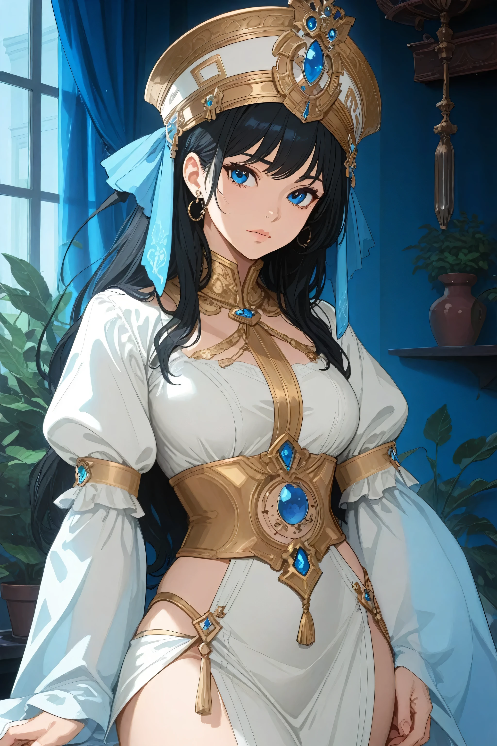 A digital illustration shoot from a portrait camera angle about a young woman dressed in elegant attire, standing in a well-lit room with blue curtains and potted plants. the image also shows decorative elements and soft lighting. on the middle of the image, a 20-year-old woman who appears to be looking at the viewer with a neutral expression, wearing a white dress with long sleeves and a gold belt with blue gemstones. she has long black hair and blue eyes. her body is slim and her expression is neutral. she is wearing a large, ornate hat with a blue gemstone and gold trim. her hair is styled in a long hair style and her eye color is blue. her eye direction is looking at viewer and her ear is not specified. her lips are closed and she has a closed mouth. her dress has a high slit, revealing her midriff.