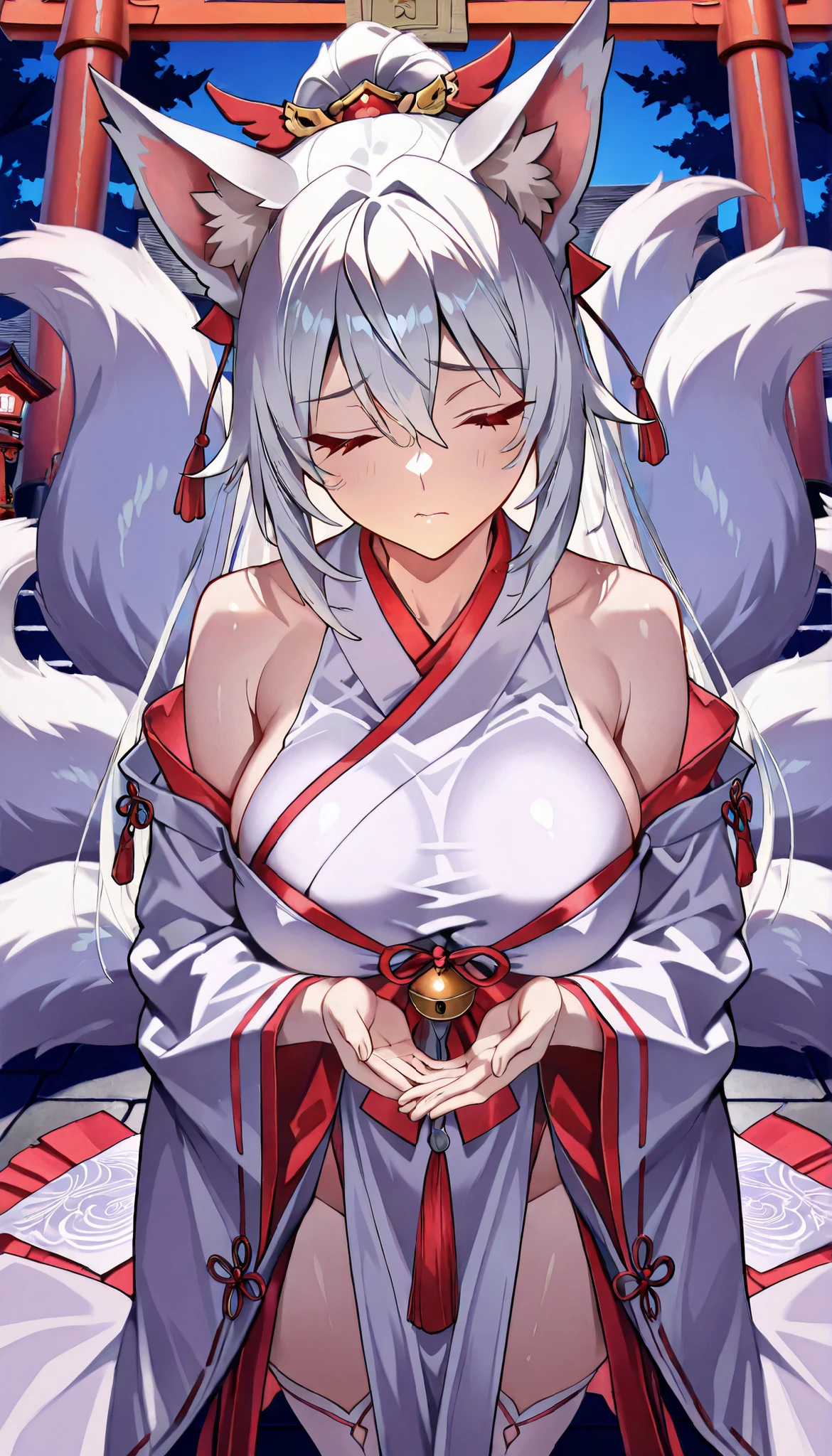((masterpiece)), Highest Quality , super detail, high resolution, Extremely Detailed CG Integrated 8K Wallpaper，HQ_HDR, (BIG BREASTS), (Extremely Attractive Nine Tails ), Foxの耳, Fox' s Tail, (Delicate fabric, Well Designed Shrine Maiden Outfit), (Delicate fabric, Japanese style high knee socks with excellent design), (Touch your mouth lightly with both hands, ), Beautiful breasts with a nice shape，Long hem、繊細な金My hair , My hair ornament, ponytail, high resolutionの美しい顔, ( Attention to Details :1.4) Beautiful red eyes with every detail , ( Fine skin,My hair ), (((Head angle  ))), cowboy shot, (midnight,  dark)), shrine torii,sad,eyes closed